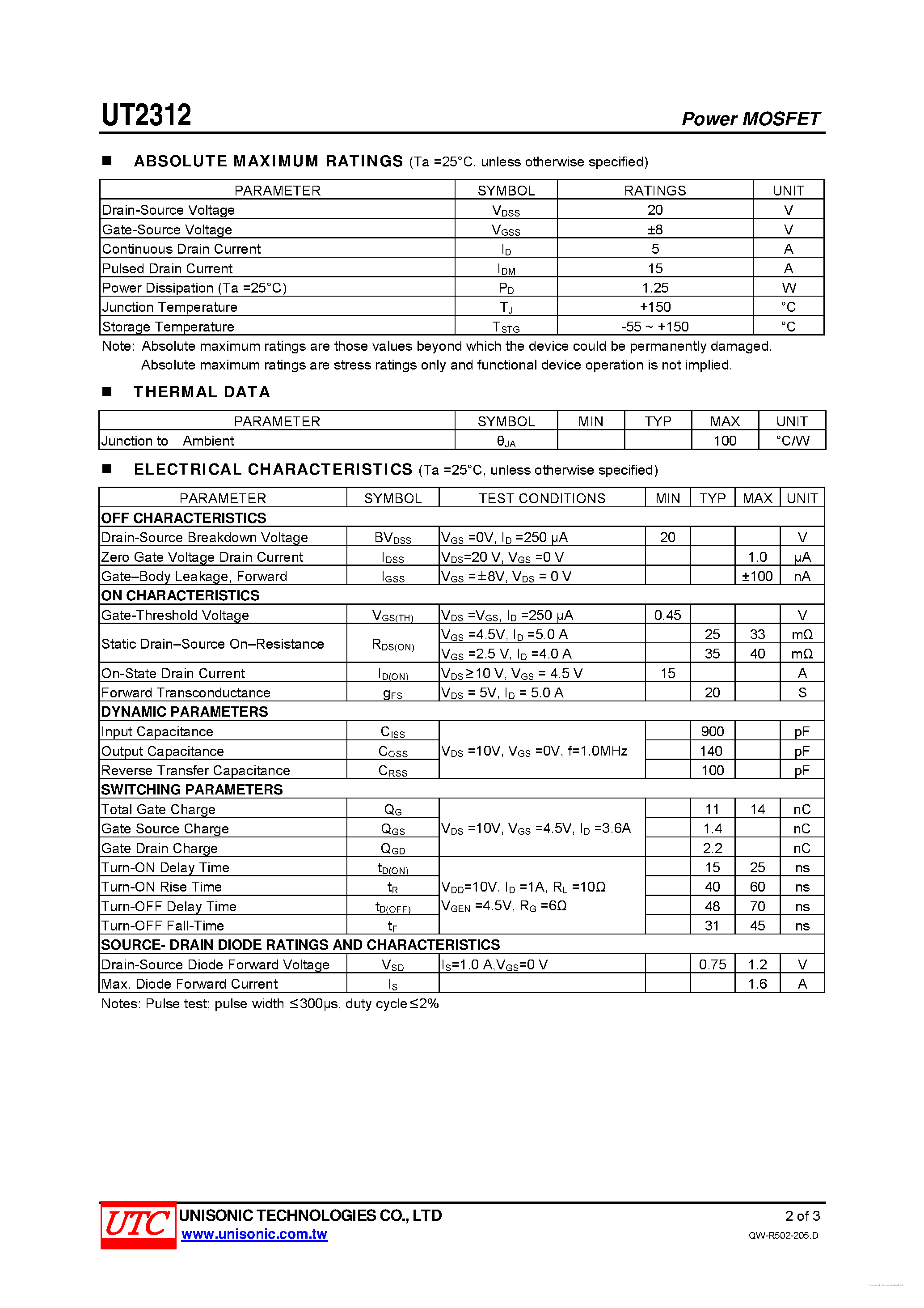 Даташит UT2312 - 20V N-CHANNEL ENHANCEMENT MODE MOSFET страница 2