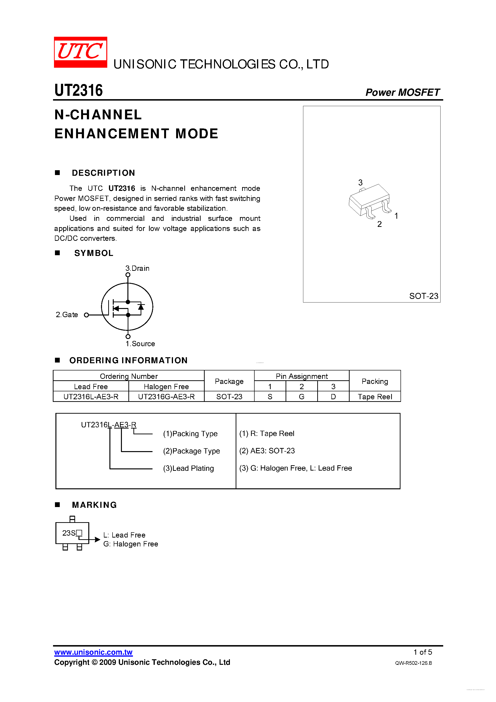 Даташит UT2316 - N-CHANNEL ENHANCEMENT MODE страница 1