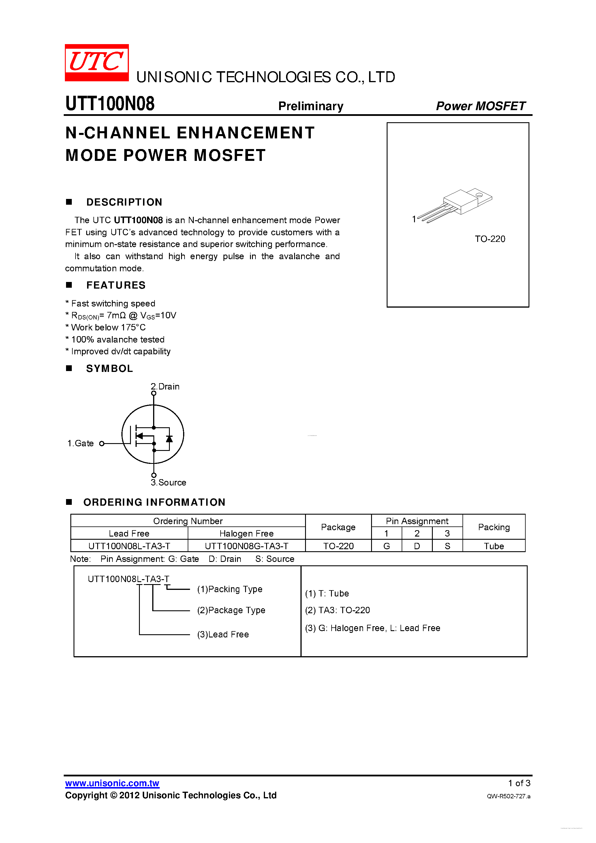 Даташит UTT100N08 - N-CHANNEL POWER MOSFET страница 1