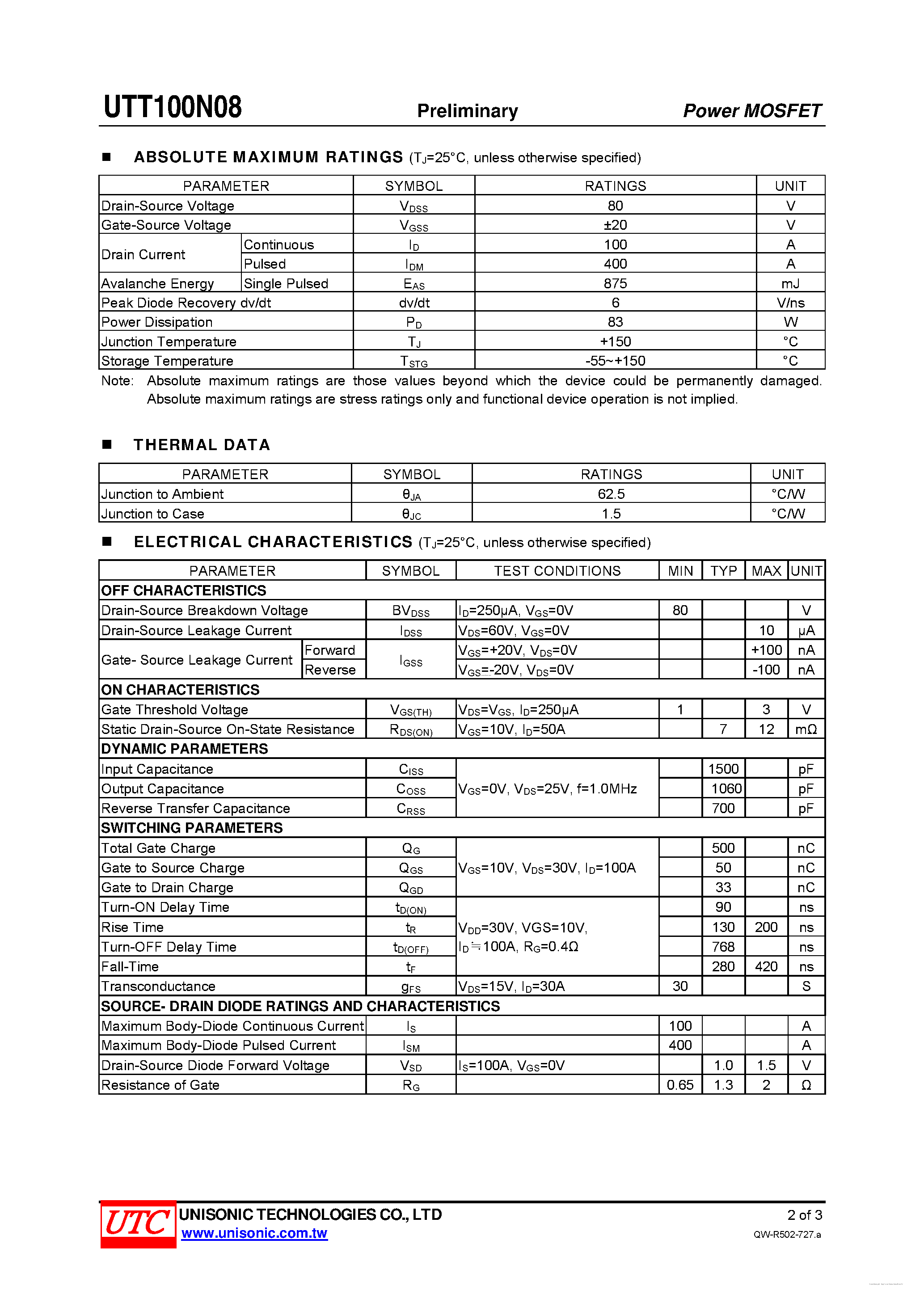 Даташит UTT100N08 - N-CHANNEL POWER MOSFET страница 2