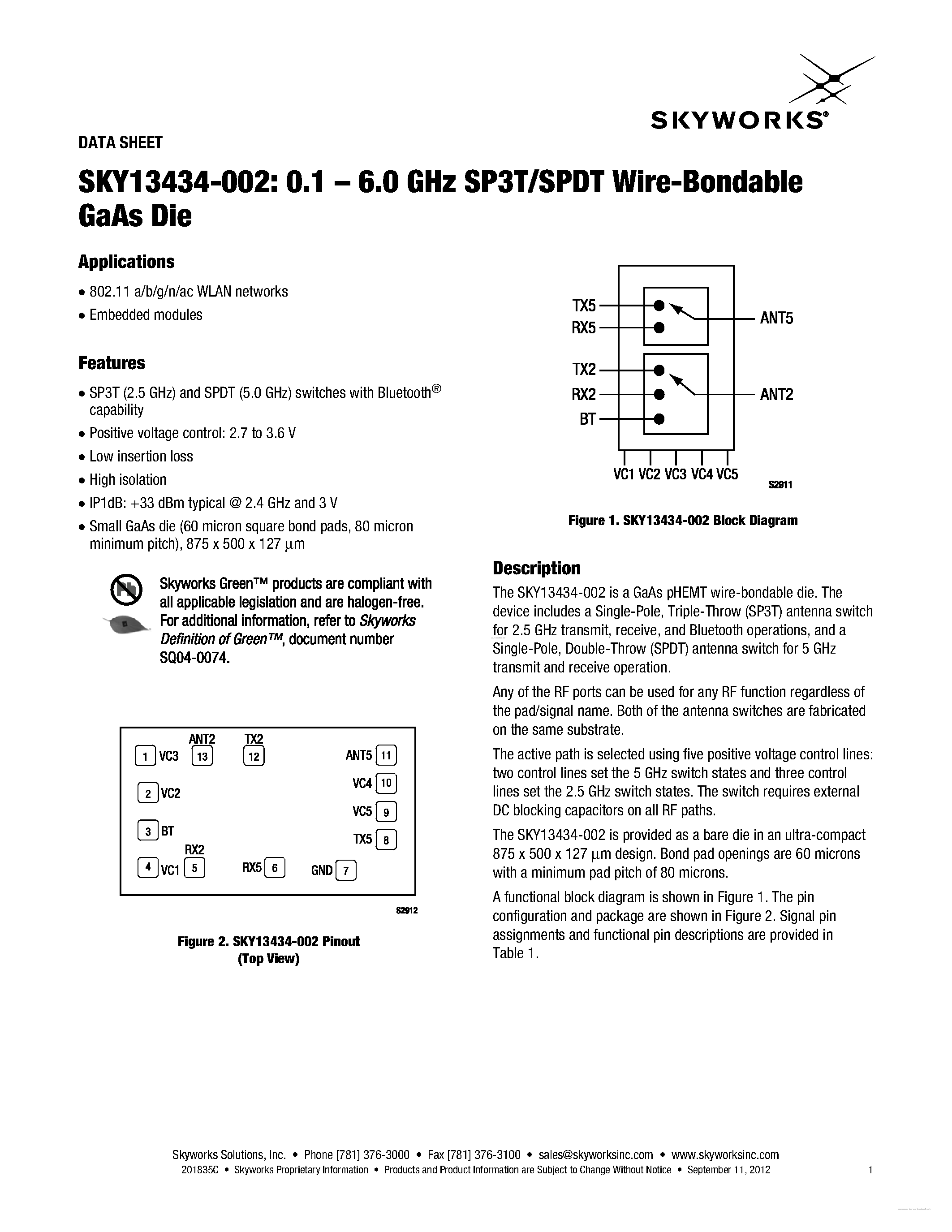 Даташит SKY13434-002 - 0.1 - 6.0 GHz SP3T/SPDT Wire-Bondable GaAs Die страница 1