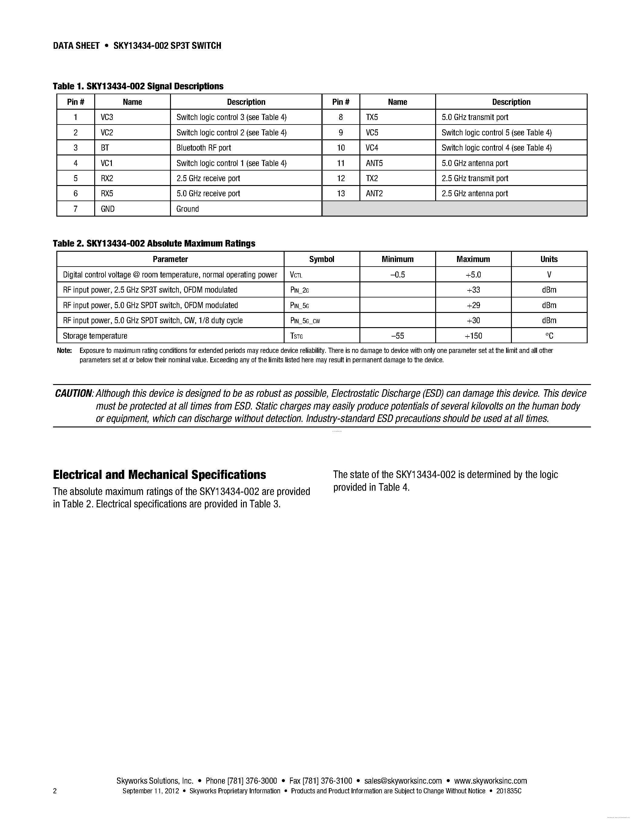 Даташит SKY13434-002 - 0.1 - 6.0 GHz SP3T/SPDT Wire-Bondable GaAs Die страница 2