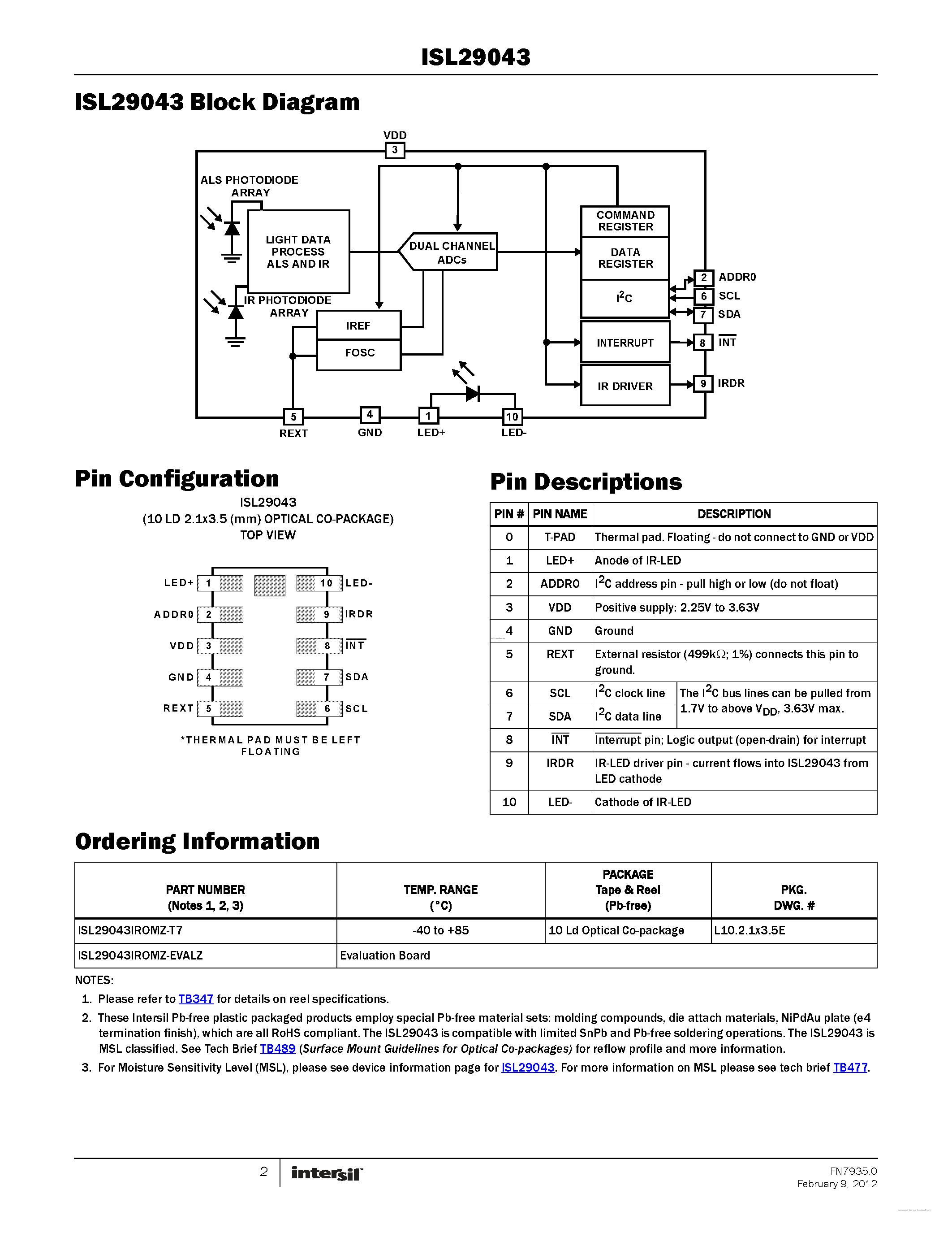 Datasheet ISL29043 - page 2