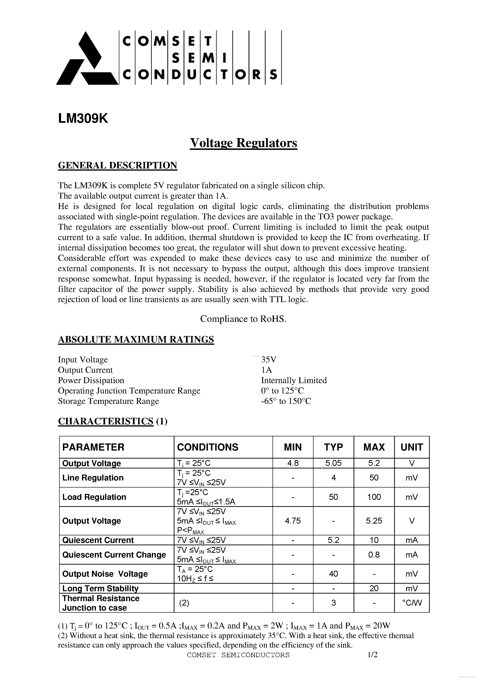 Datasheet LM309K - Voltage Regulators page 1