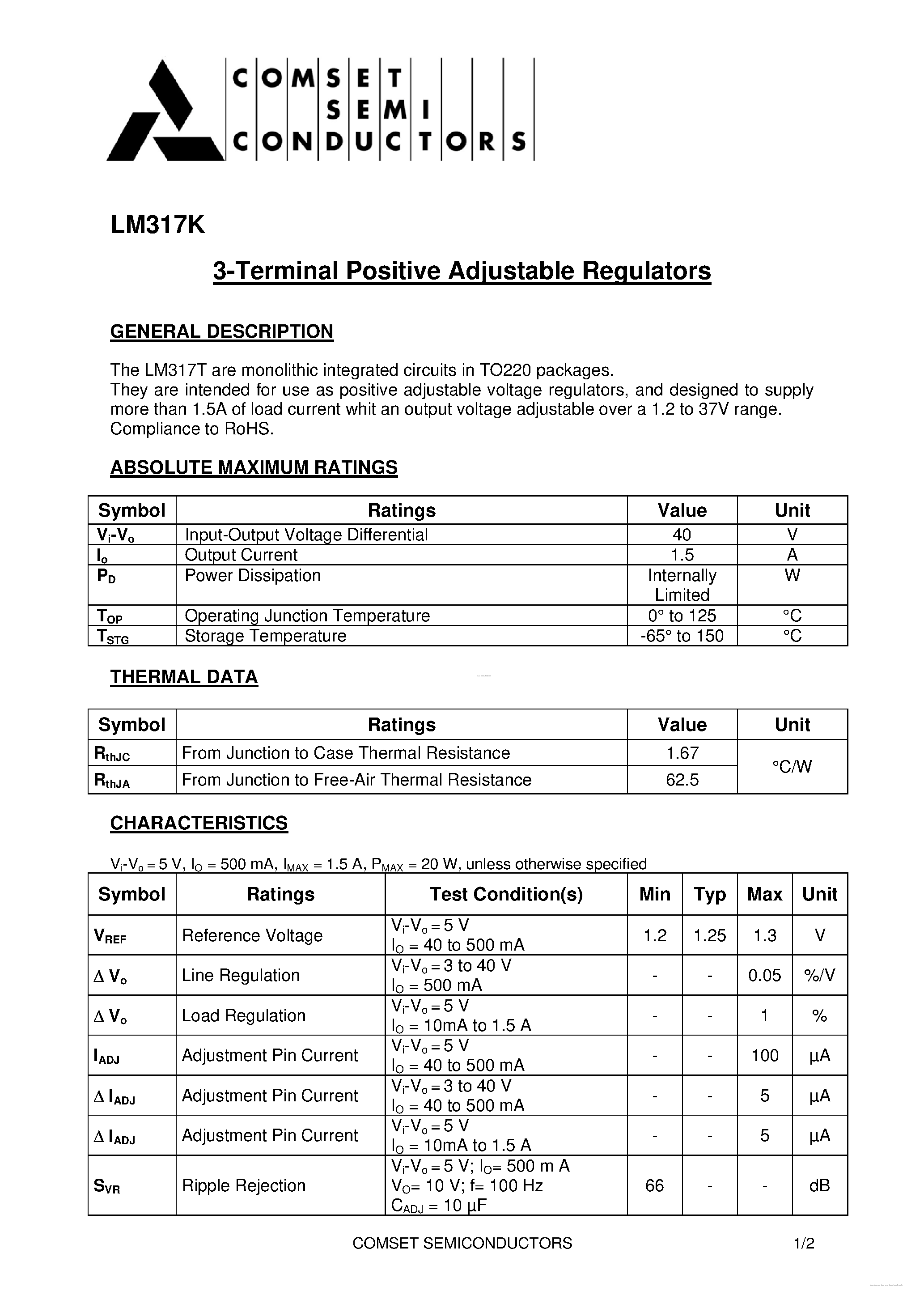 Datasheet LM317K - 3-Terminal POSITIVE ADJUSTABLE VOLTAGE REGULATOR page 1