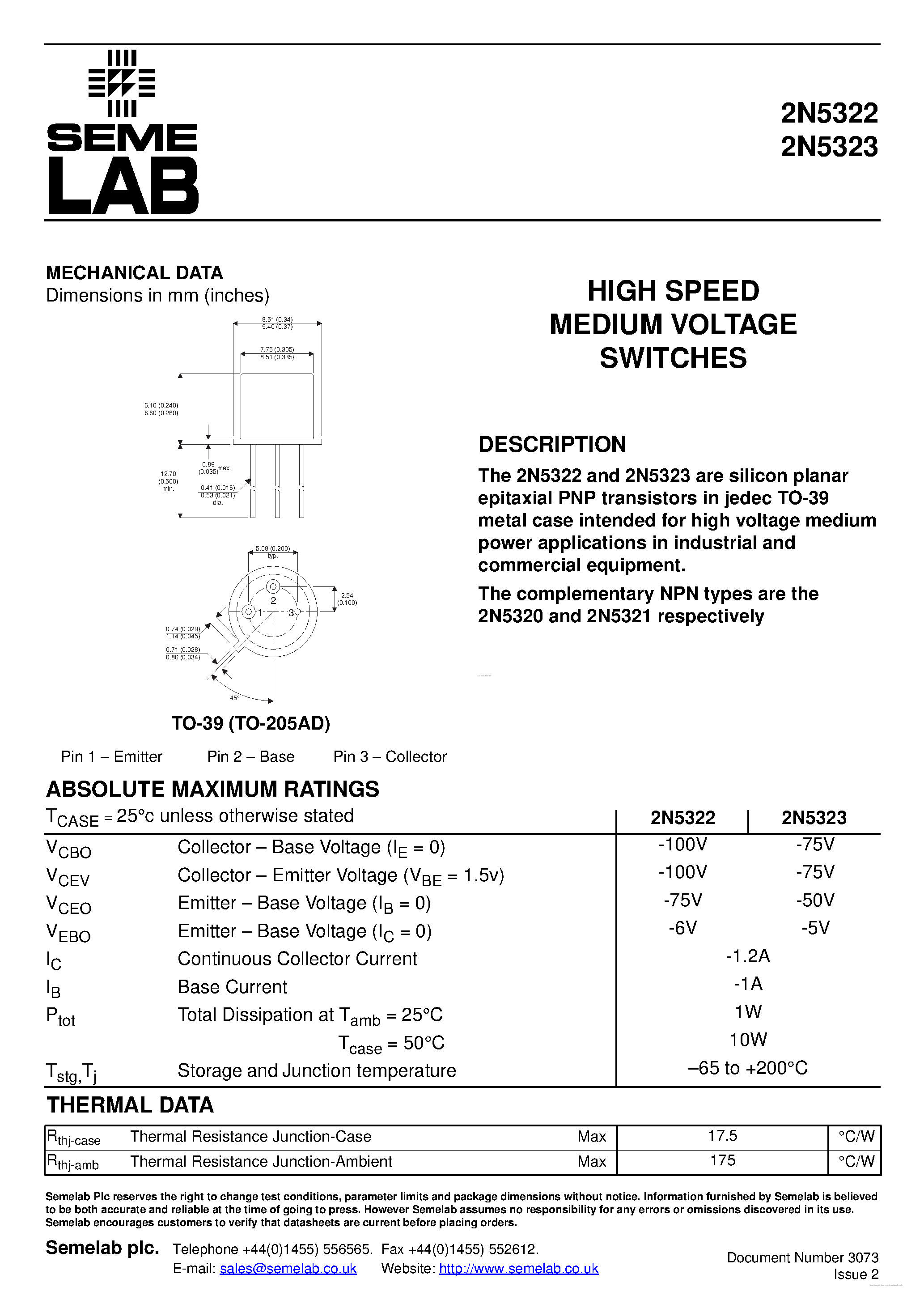 Datasheet 2N5322 - (2N5322 / 2N5323) HIGH SPEED MEDIUM VOLTAGE SWITCHES page 1