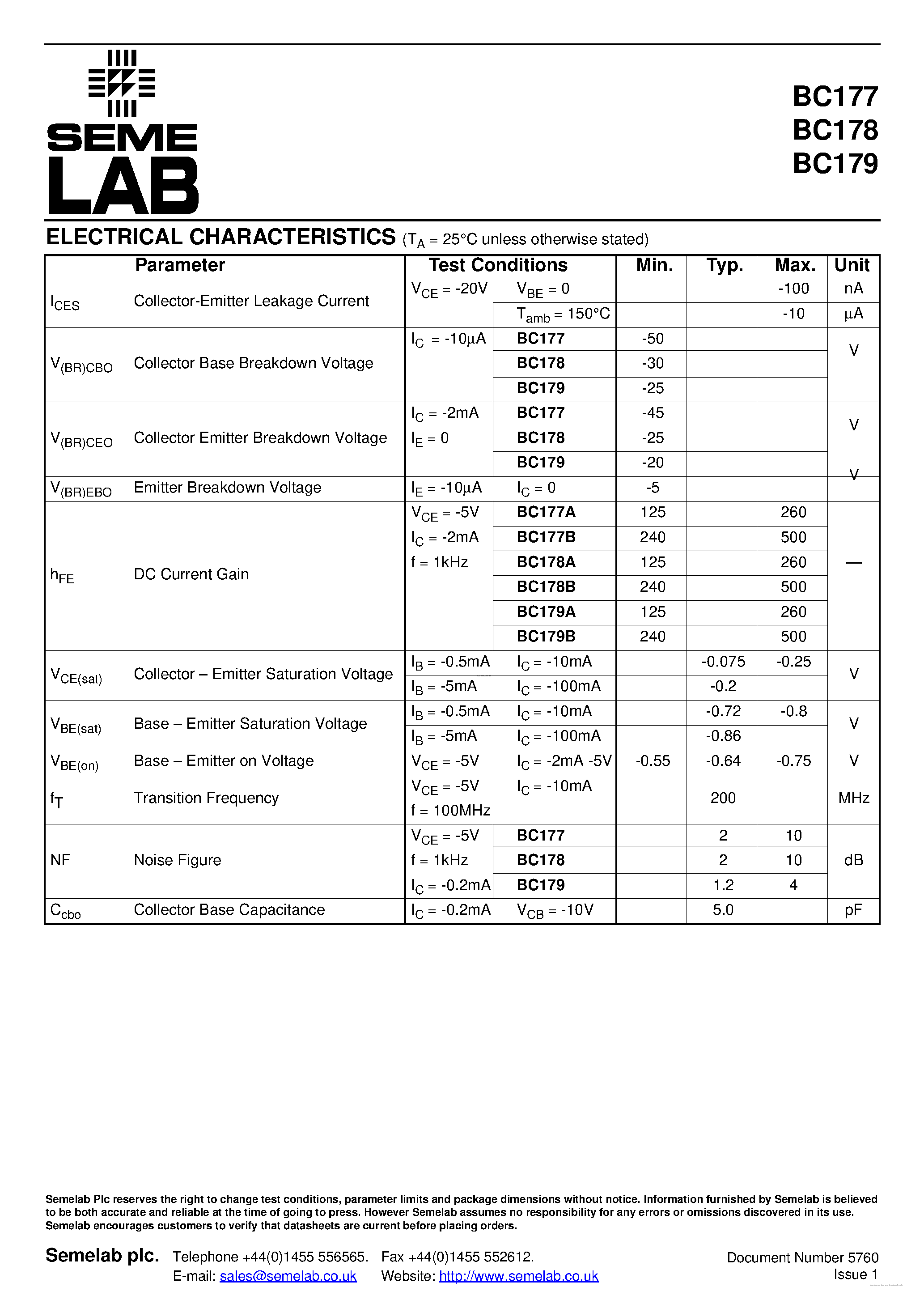 Datasheet BC177 - (BC177 - BC179) GENERAL PURPOSE SMALL SIGNAL PNP BIPOLAR TRANSISTOR page 2