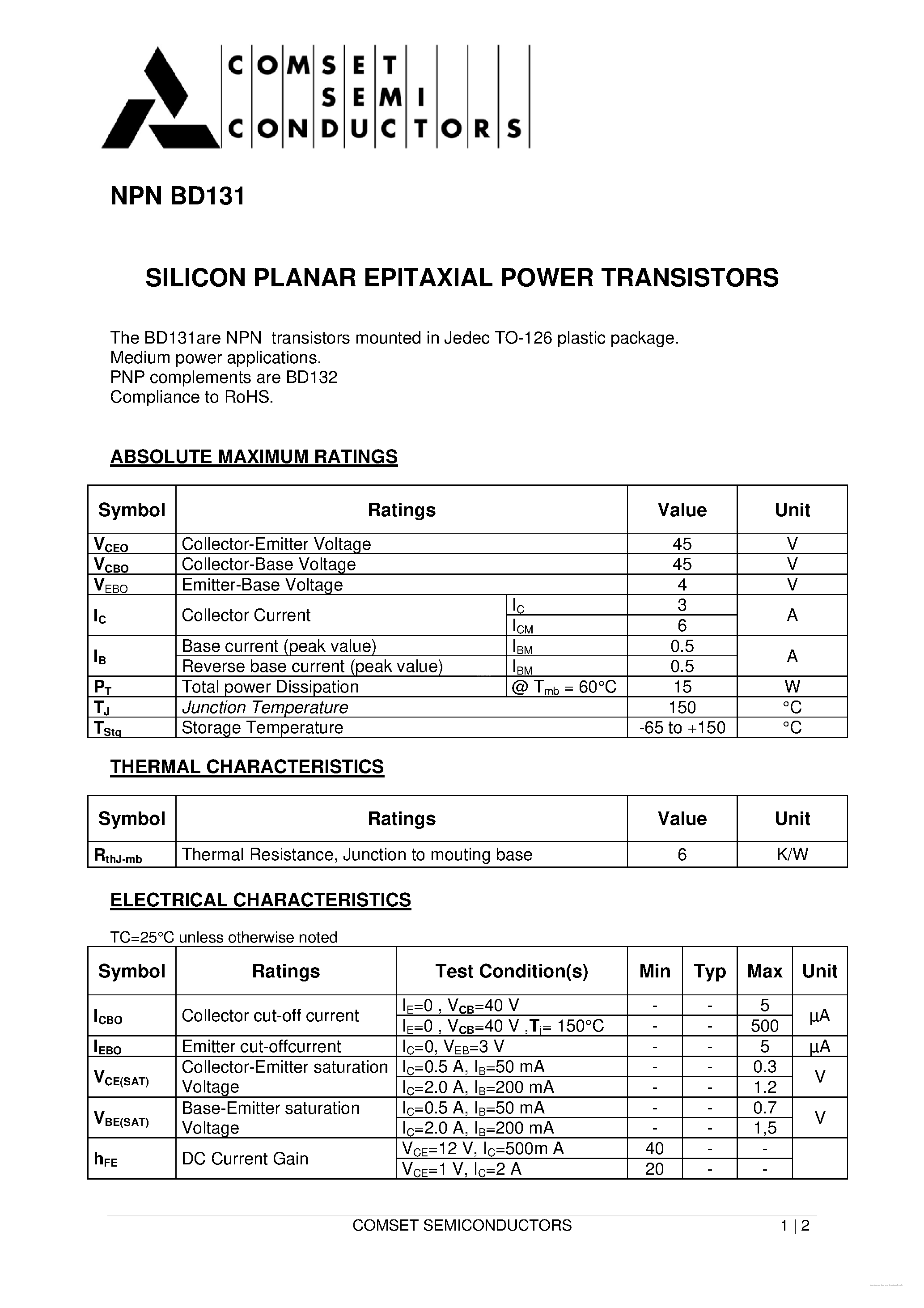 Datasheet BD131 - SILICON PLANAR EPITAXIAL POWER TRANSISTORS page 1