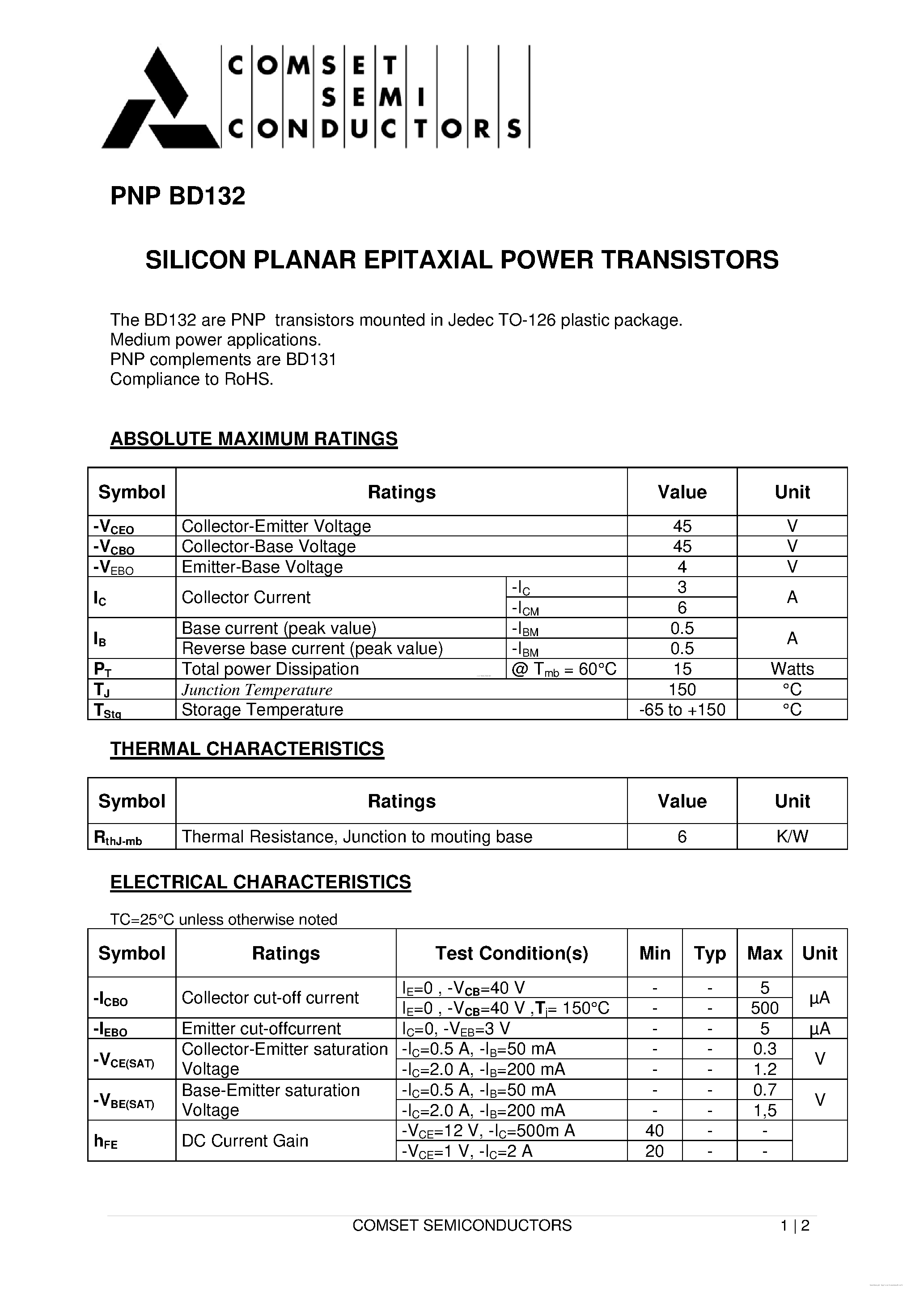 Datasheet BD132 - SILICON PLANAR EPITAXIAL POWER TRANSISTORS page 1