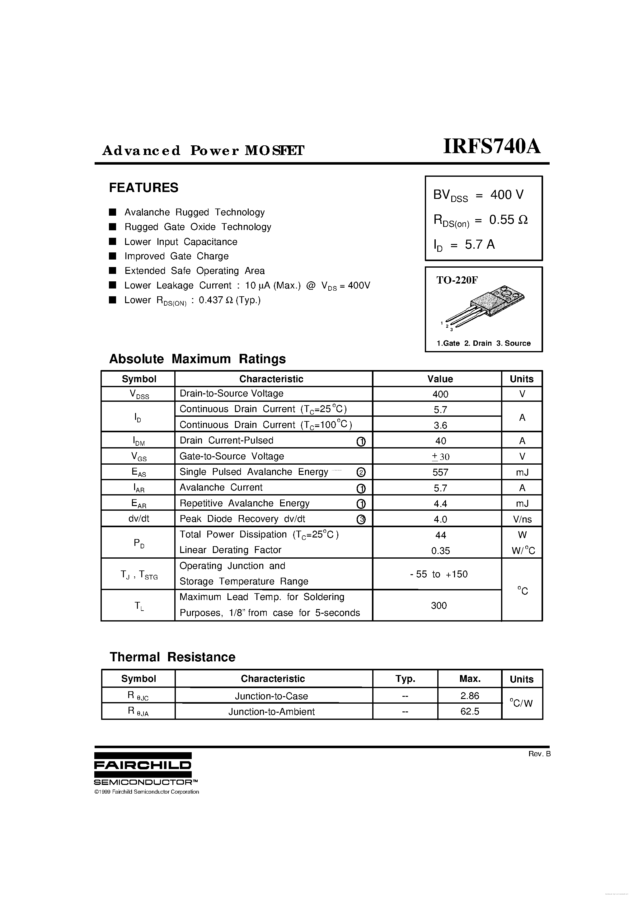 Datasheet IRFS740A - page 1