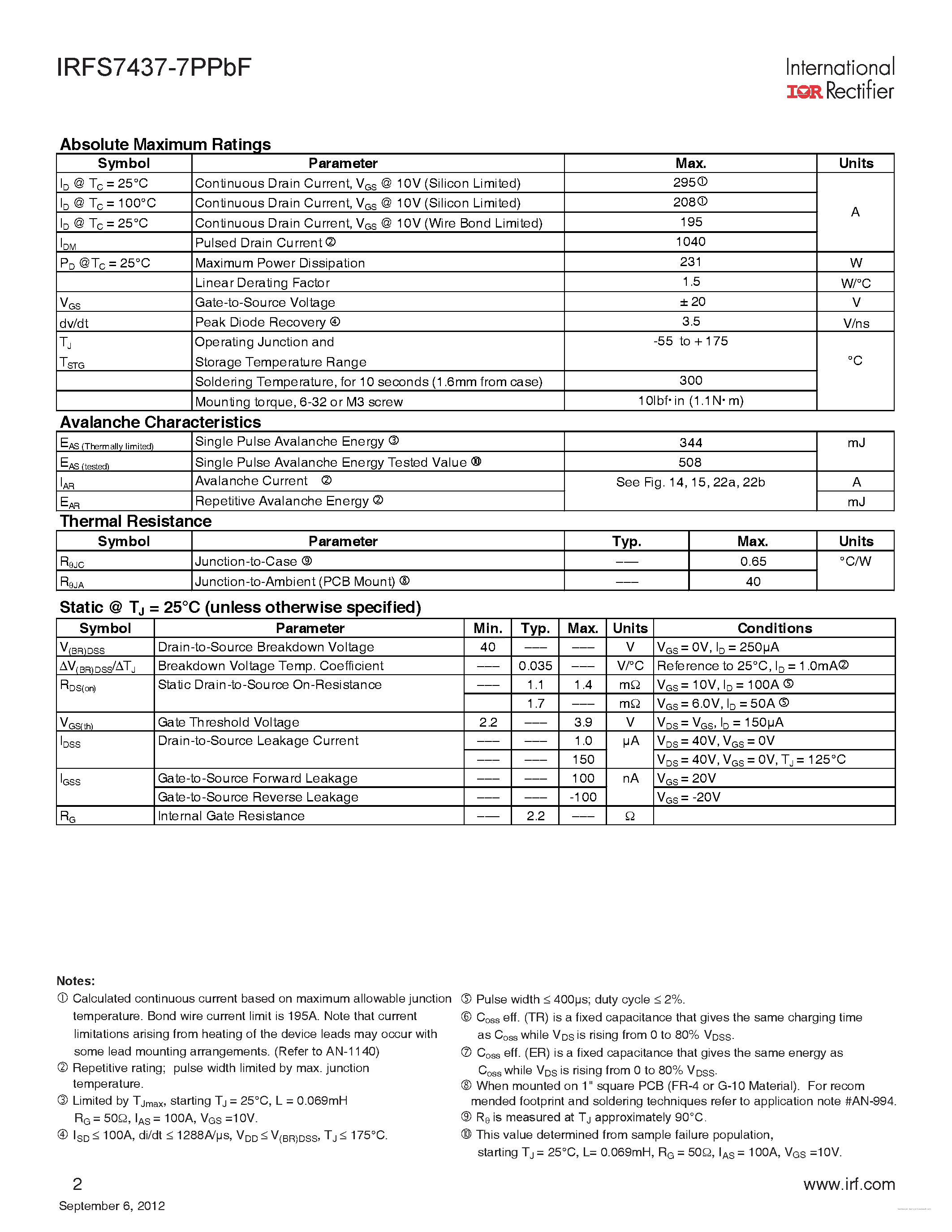 Datasheet IRFS7437-7PPBF - page 2