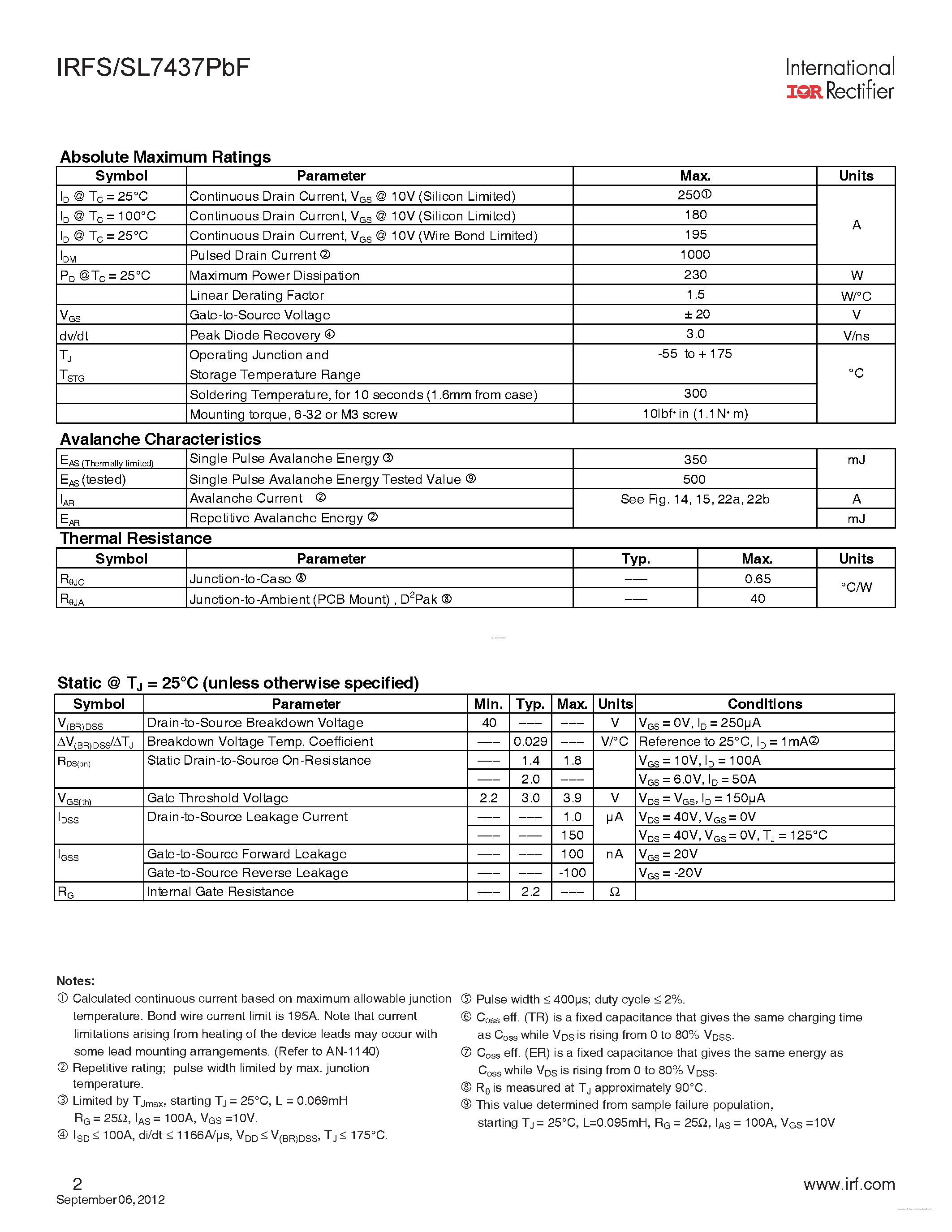 Datasheet IRFS7437PBF - page 2