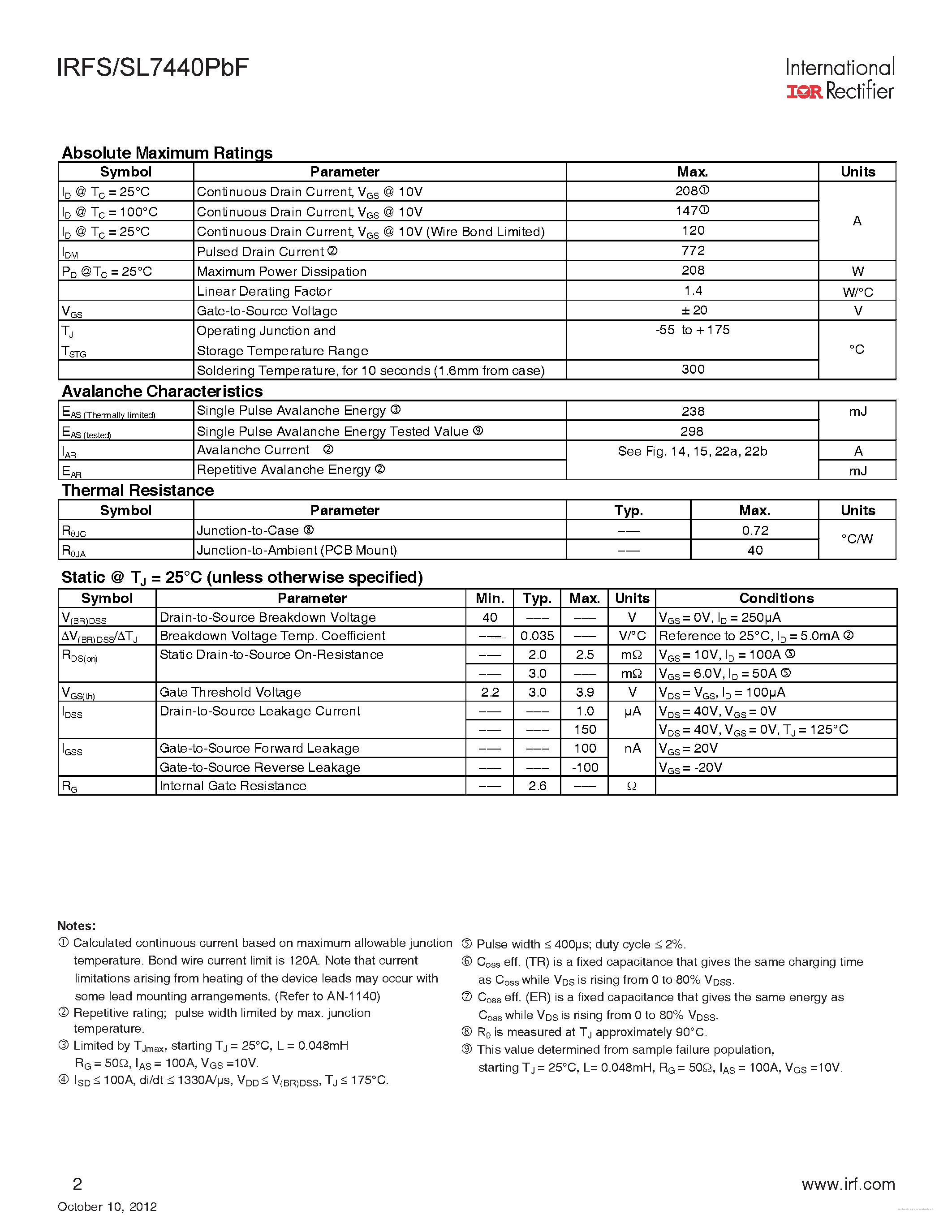 Datasheet IRFS7440PBF - page 2