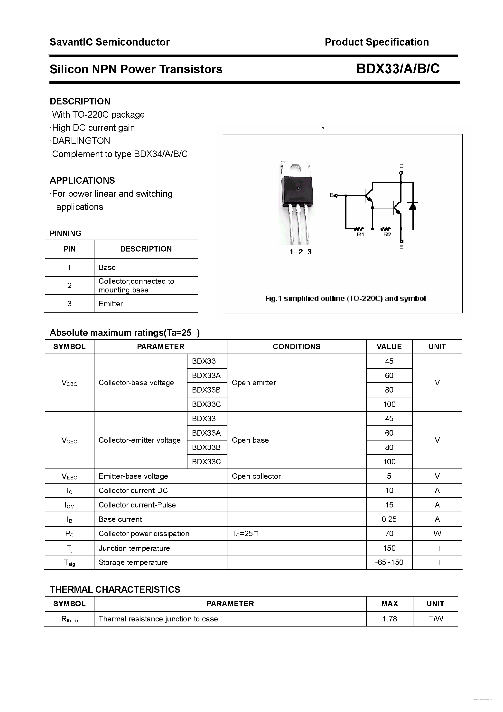 Даташит BDX33 - Silicon NPN Power Transistors страница 1