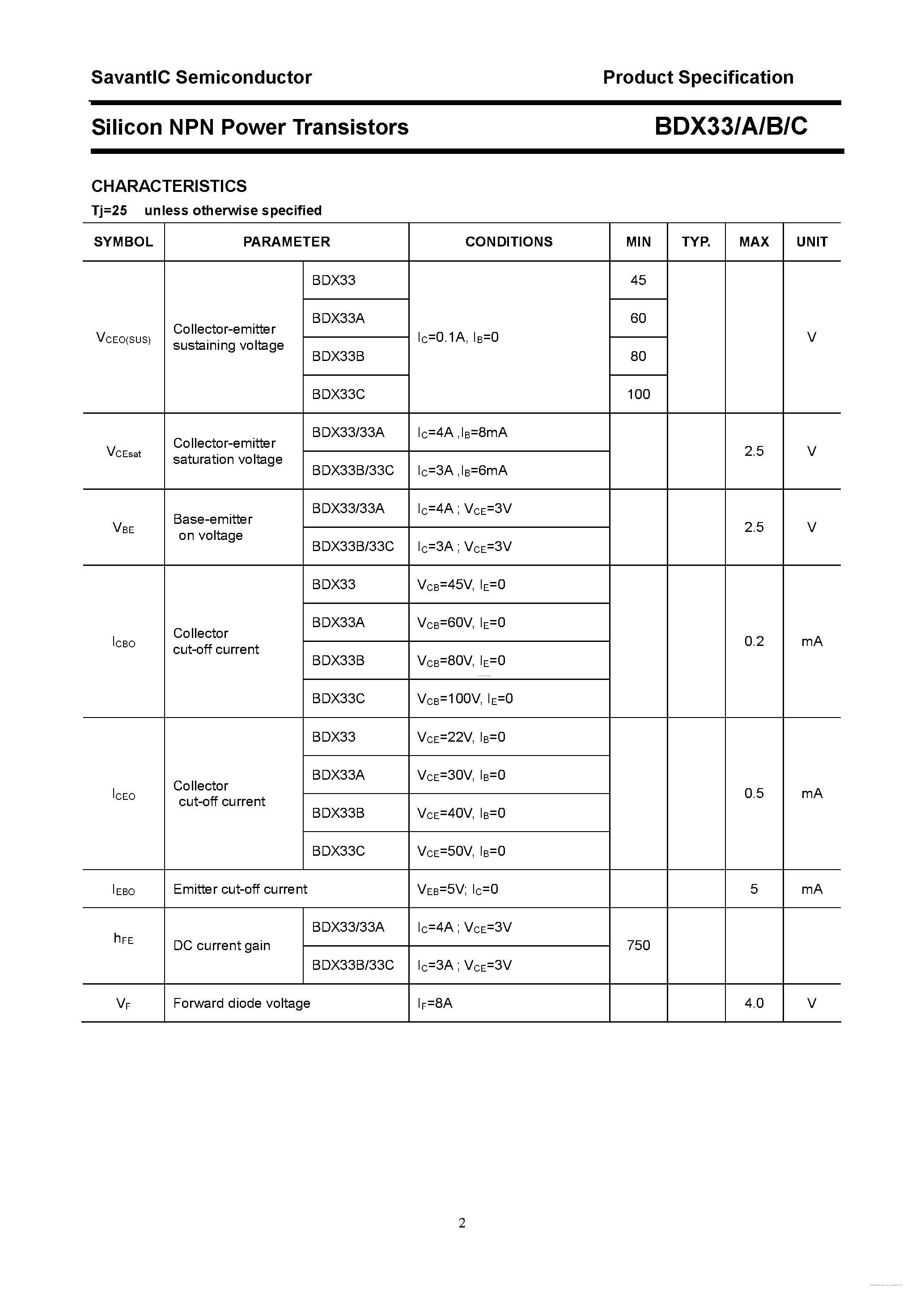 Даташит BDX33 - Silicon NPN Power Transistors страница 2