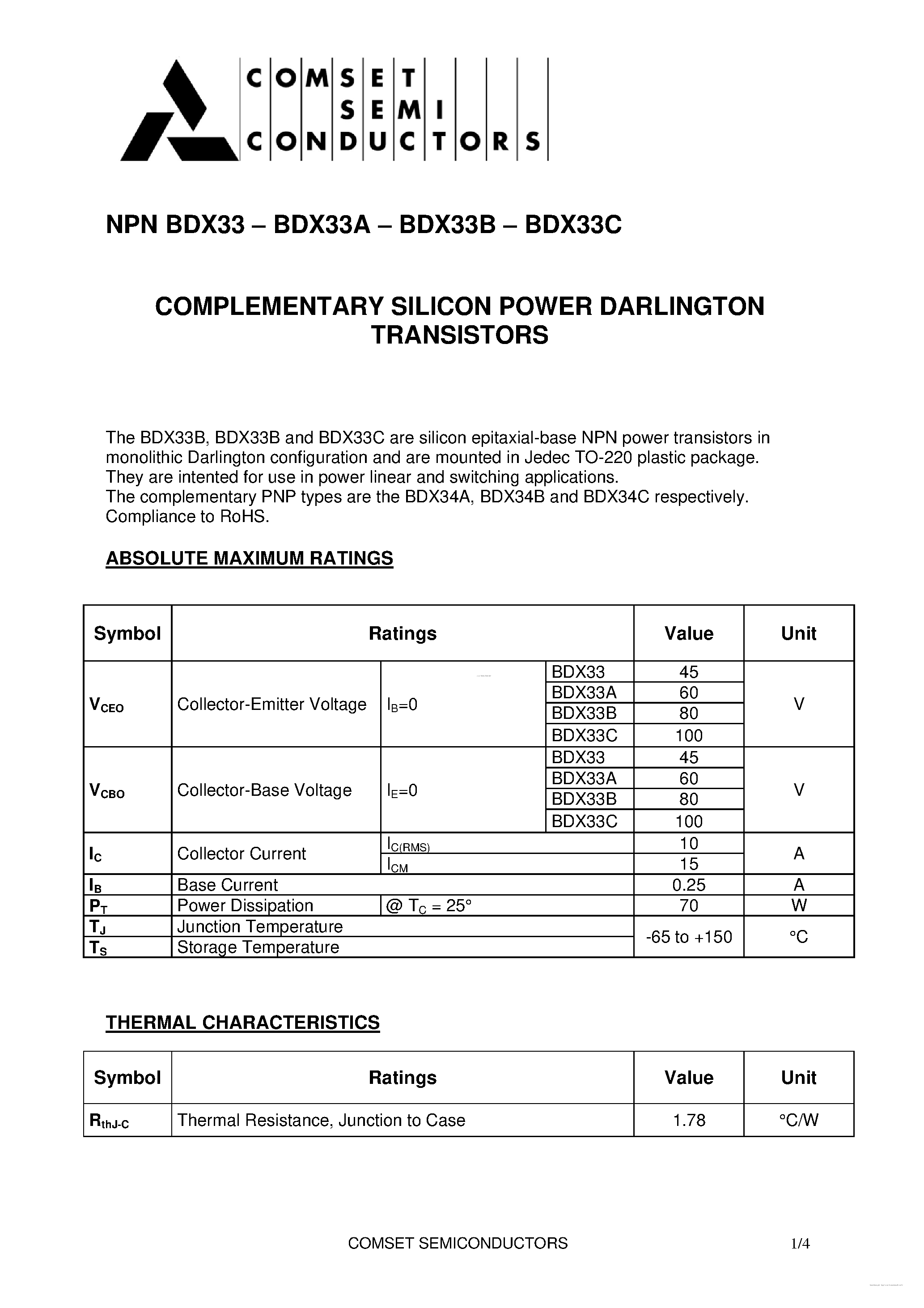 Даташит BDX33 - COMPLEMENTARY SILICON POWER DARLINGTON TRANSISTORS страница 1