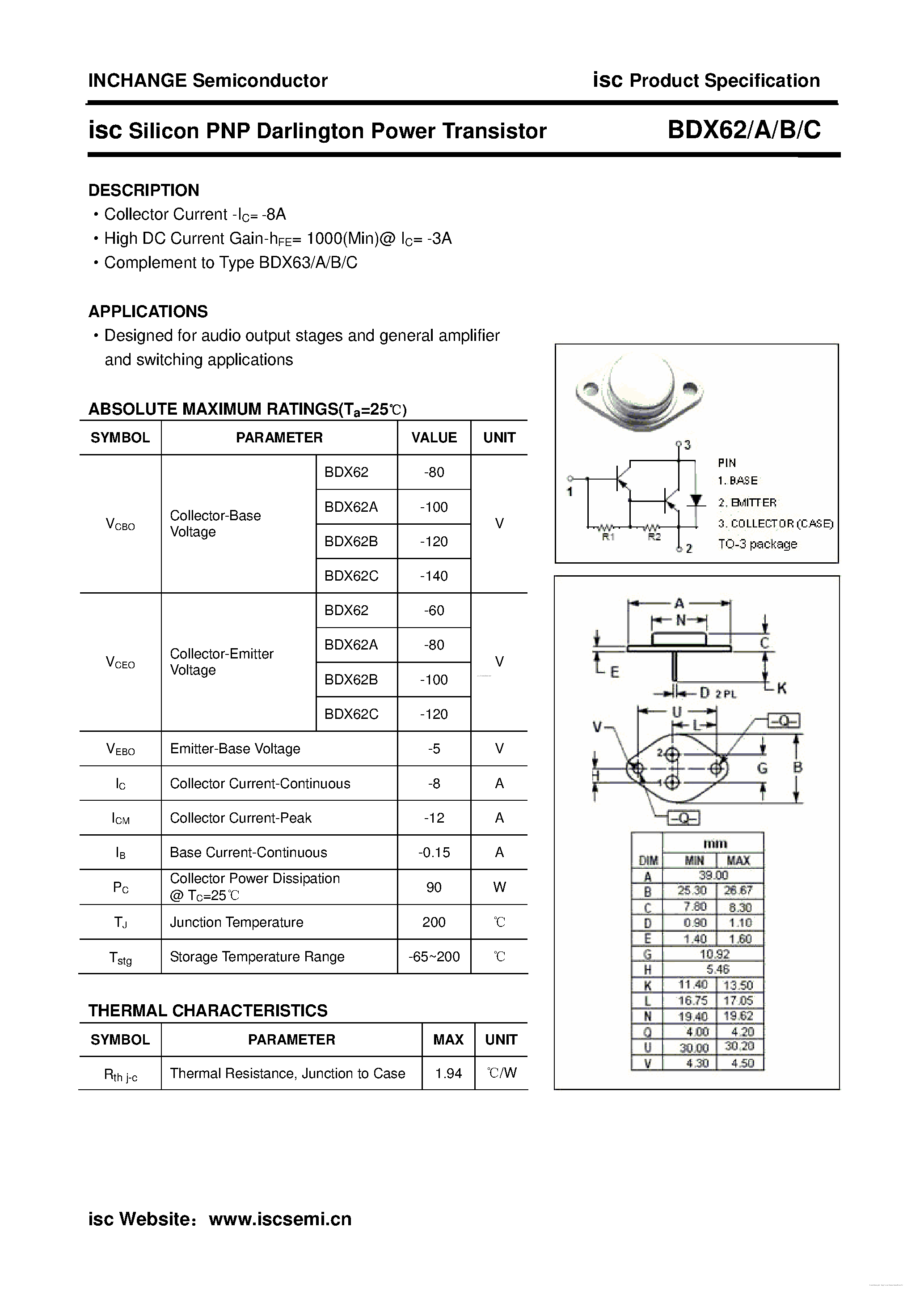 Даташит BDX62 - Silicon PNP Darlington Power Transistor страница 1