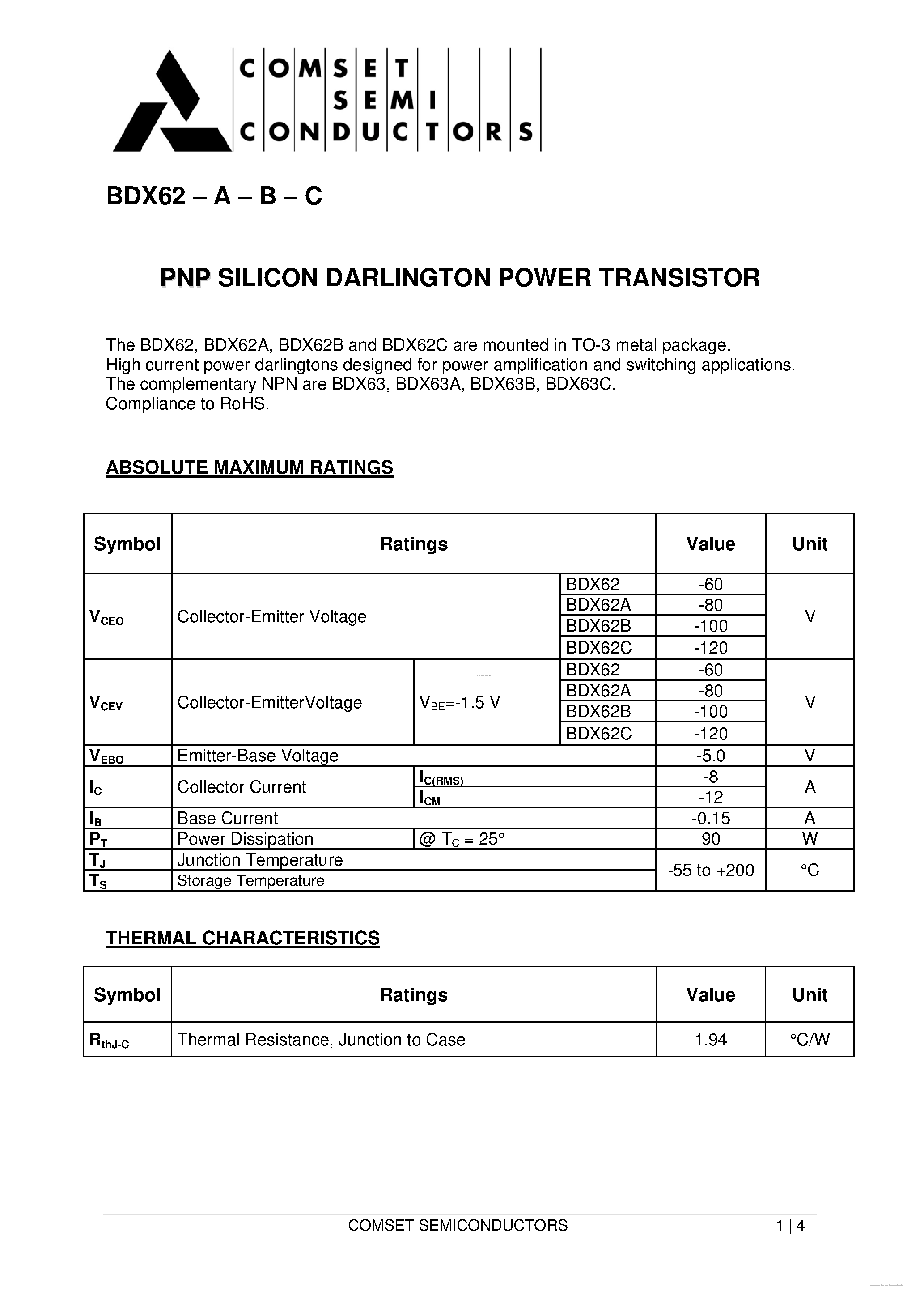 Даташит BDX62 - PNP SILICON DARLINGTONS страница 1