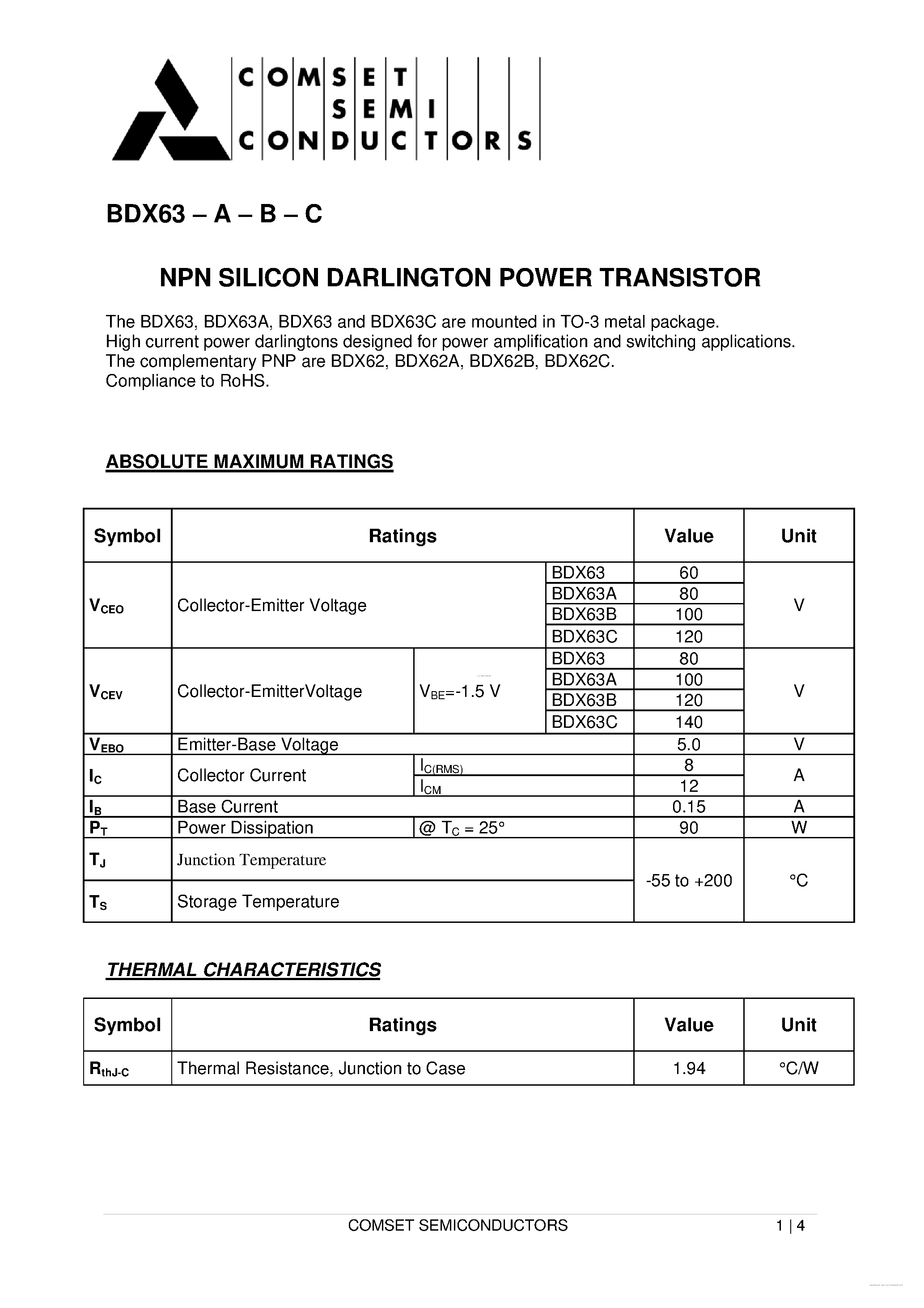 Даташит BDX63 - NPN SILICON DARLINGTONS страница 1