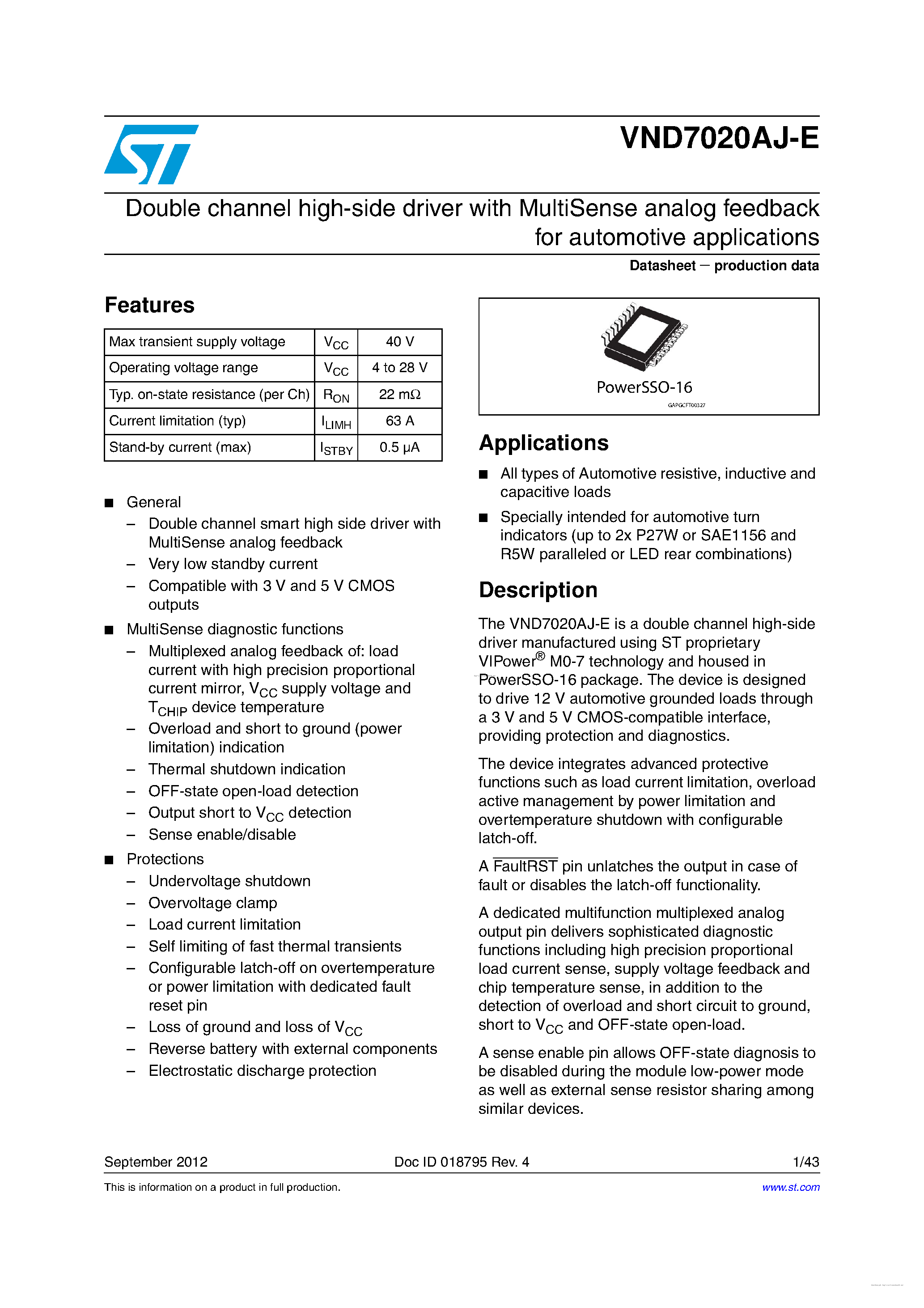 Datasheet VND7020AJ-E - page 1