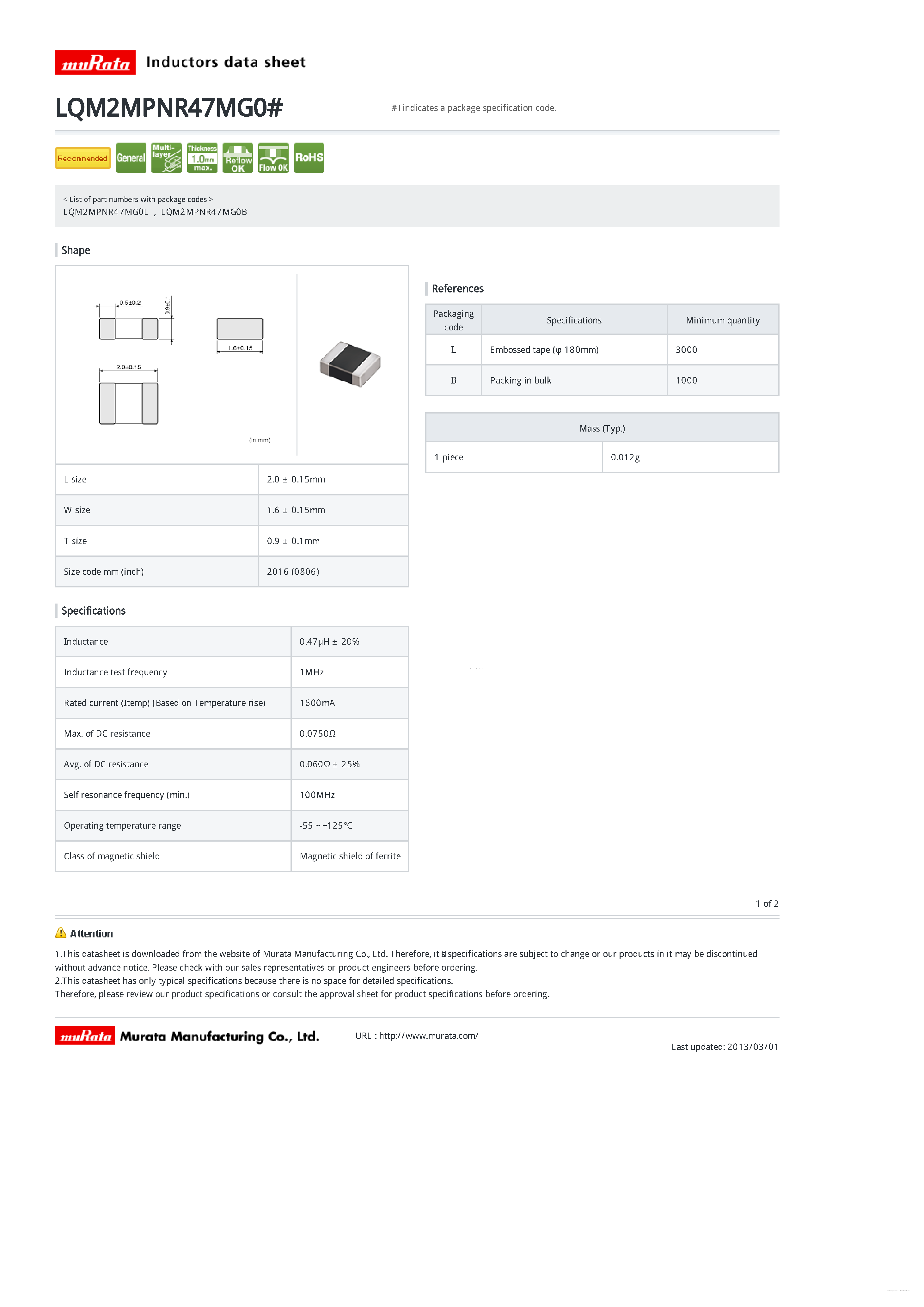 Даташит LQM2MPNR47MG0B - Chip Coils L страница 1