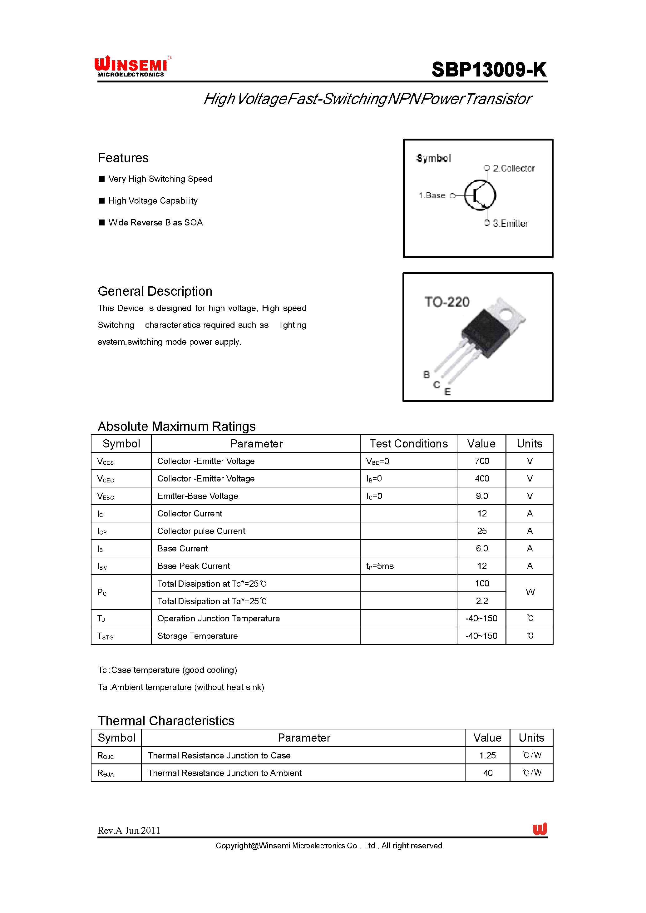 Datasheet SBP13009-K - page 1