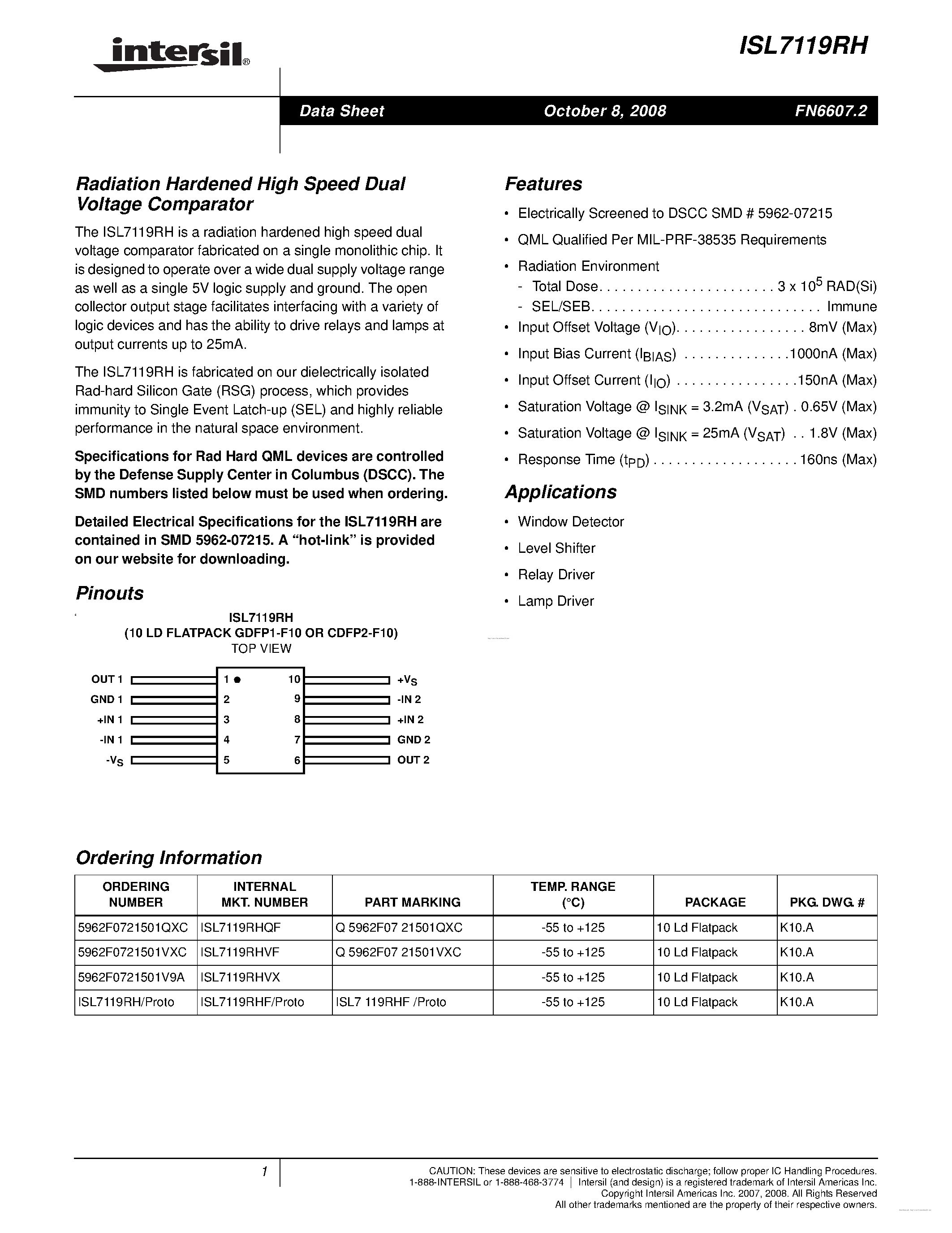 Datasheet ISL7119RH - page 1