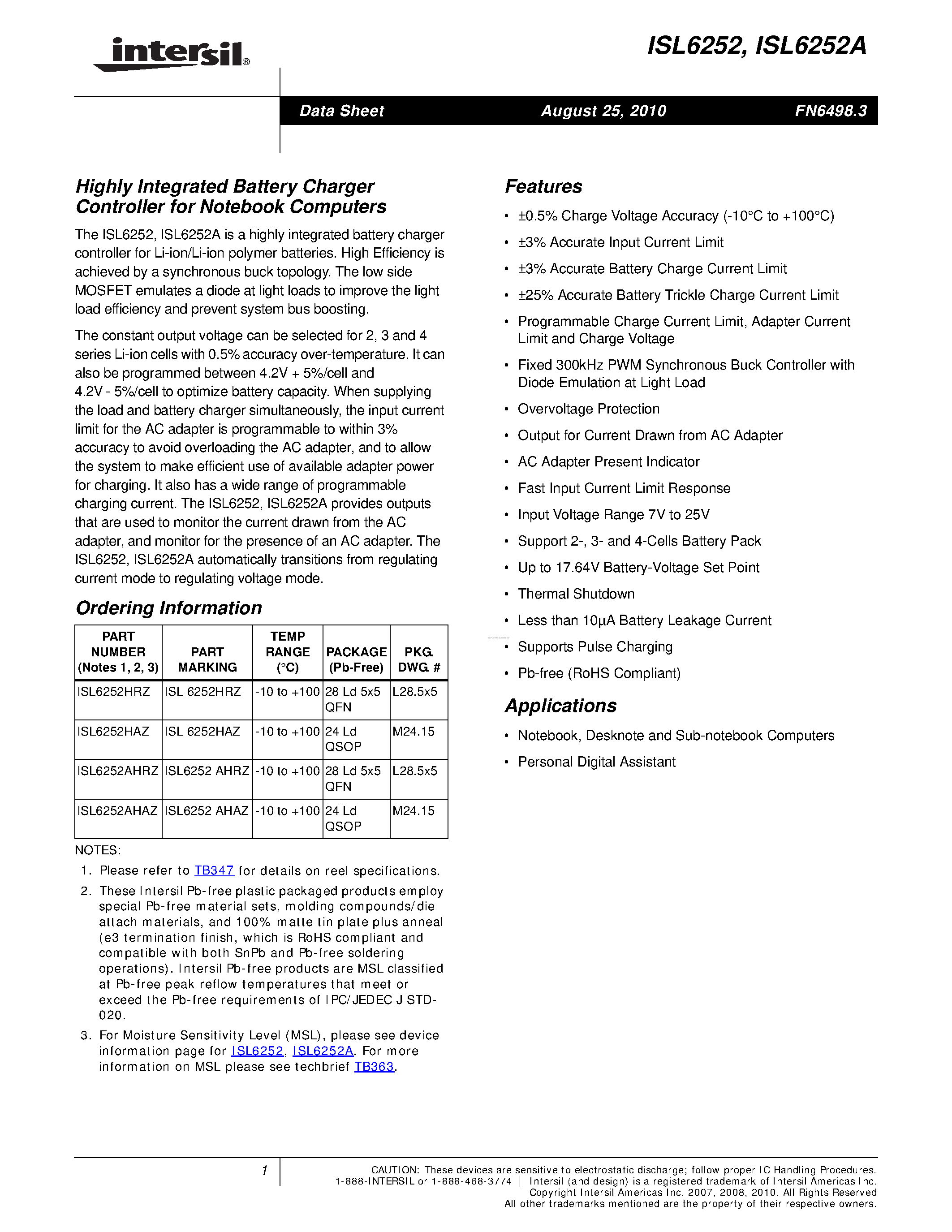 Datasheet ISL6252 - page 1