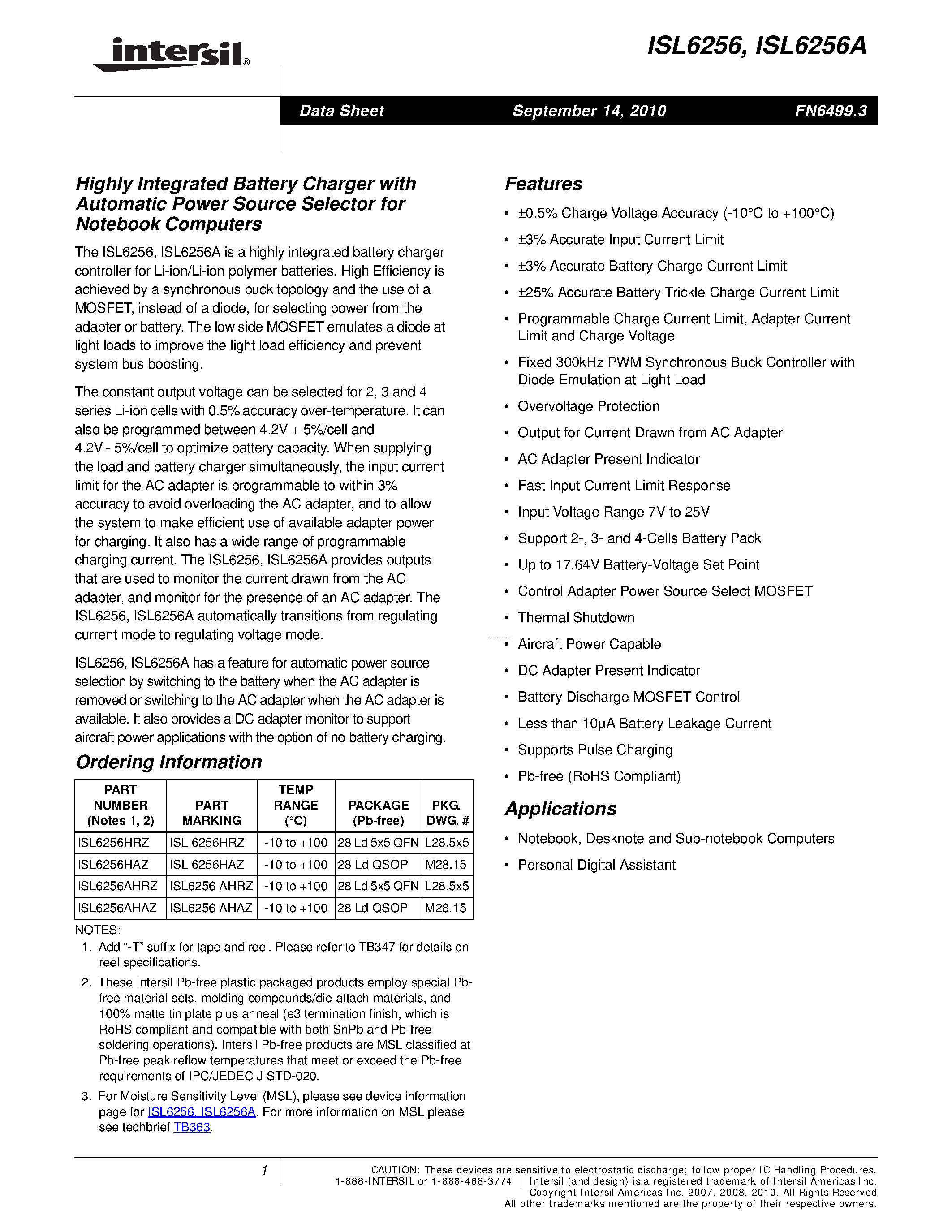 Datasheet ISL6256 - page 1