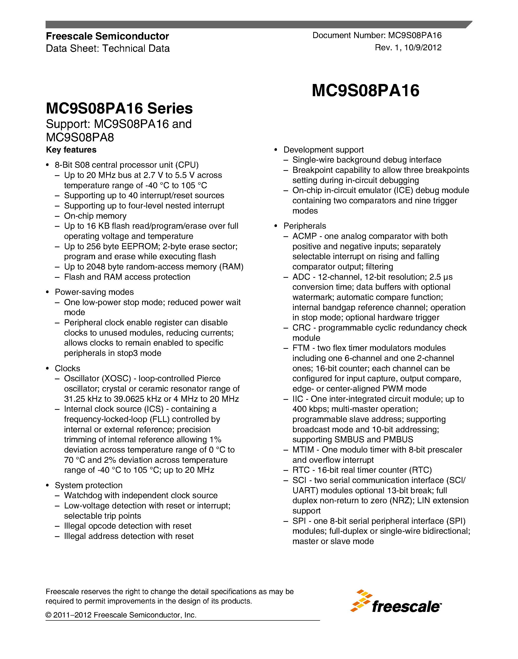 Datasheet MC9S08PA16 - page 1