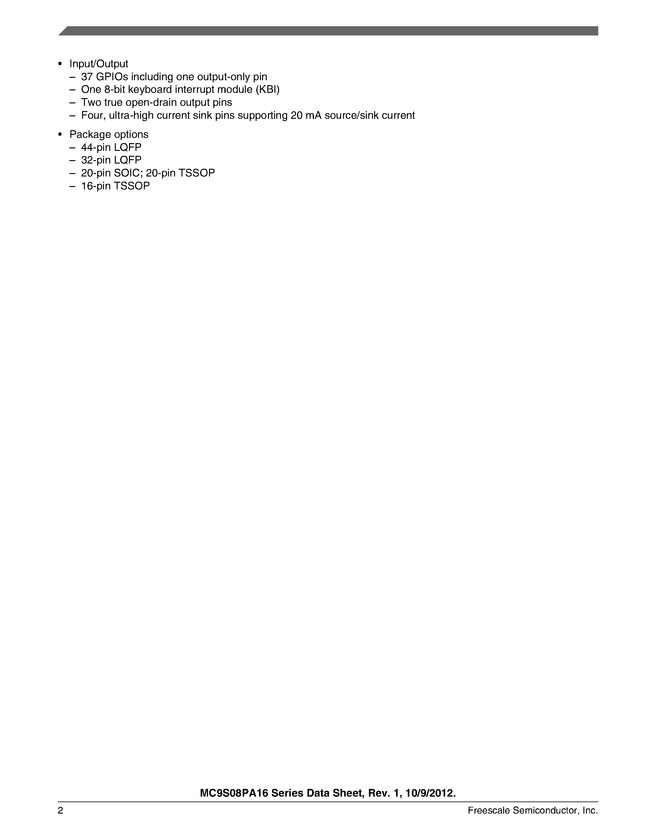 Datasheet MC9S08PA16 - page 2