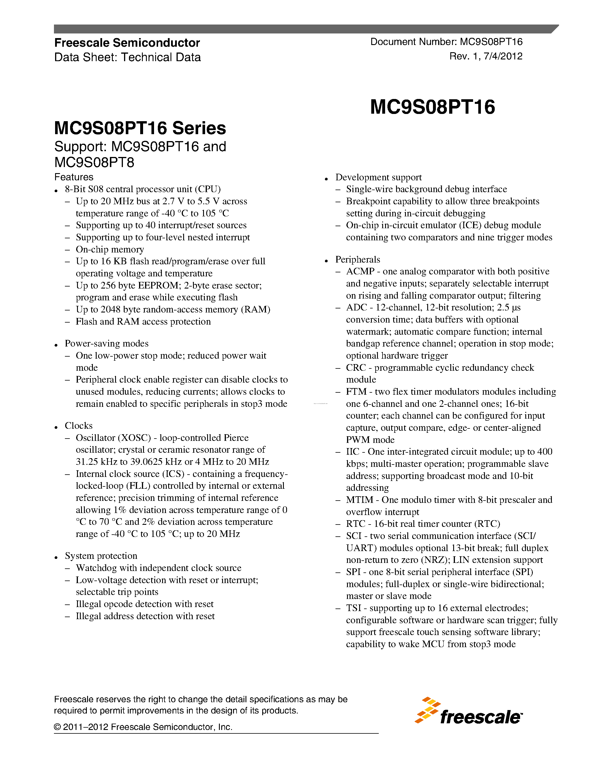 Datasheet MC9S08PT16 - page 1