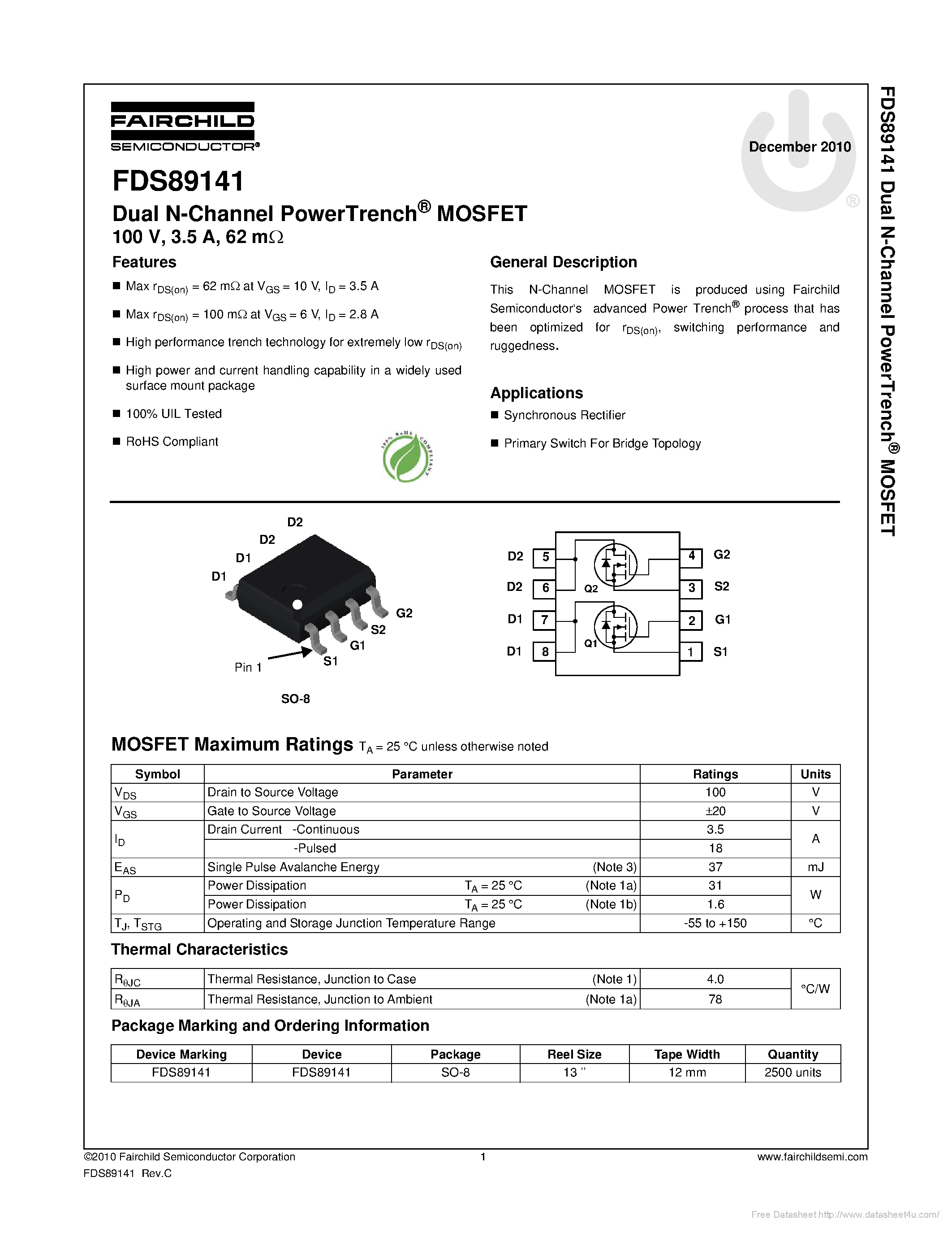 Datasheet FDS89141 - page 1