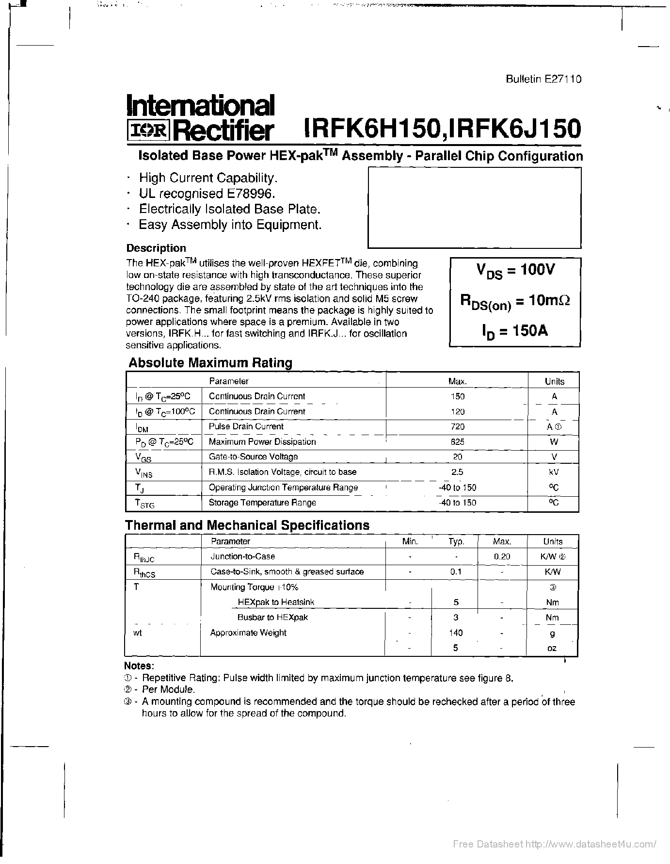 Datasheet IRFK6H150 - page 1