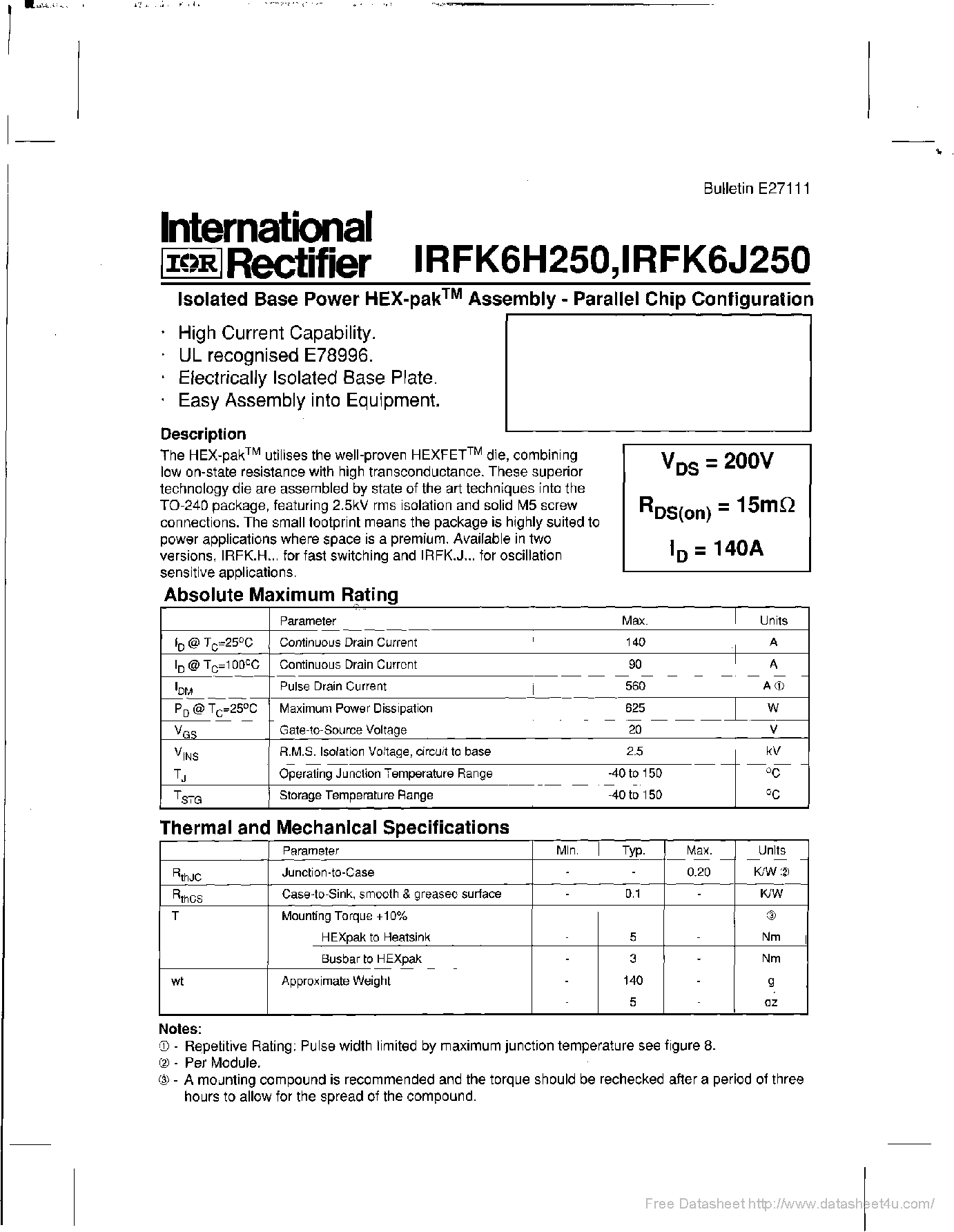 Datasheet IRFK6H250 - page 1