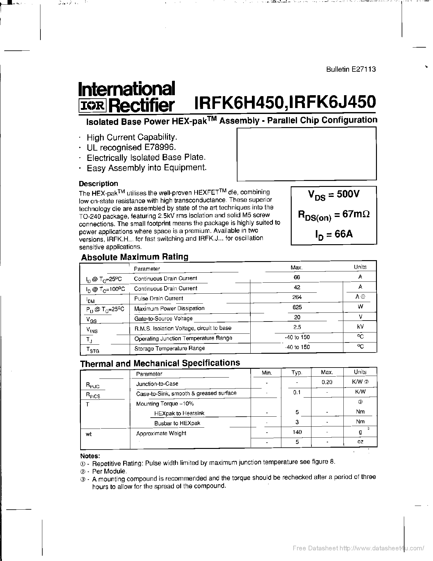 Datasheet IRFK6H450 - page 1