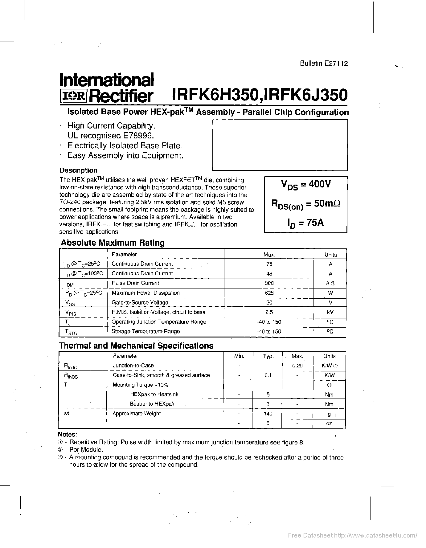 Datasheet IRFK6H350 - page 1