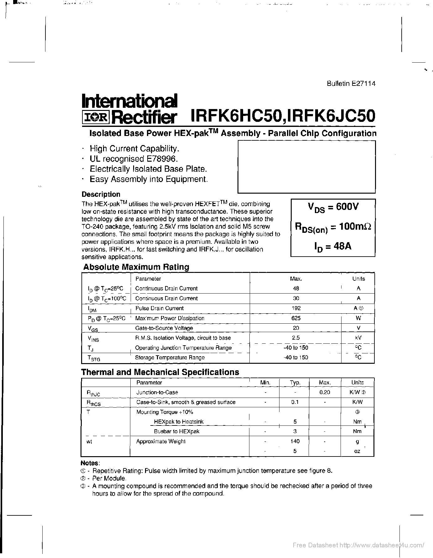 Datasheet IRFK6HC50 - page 1