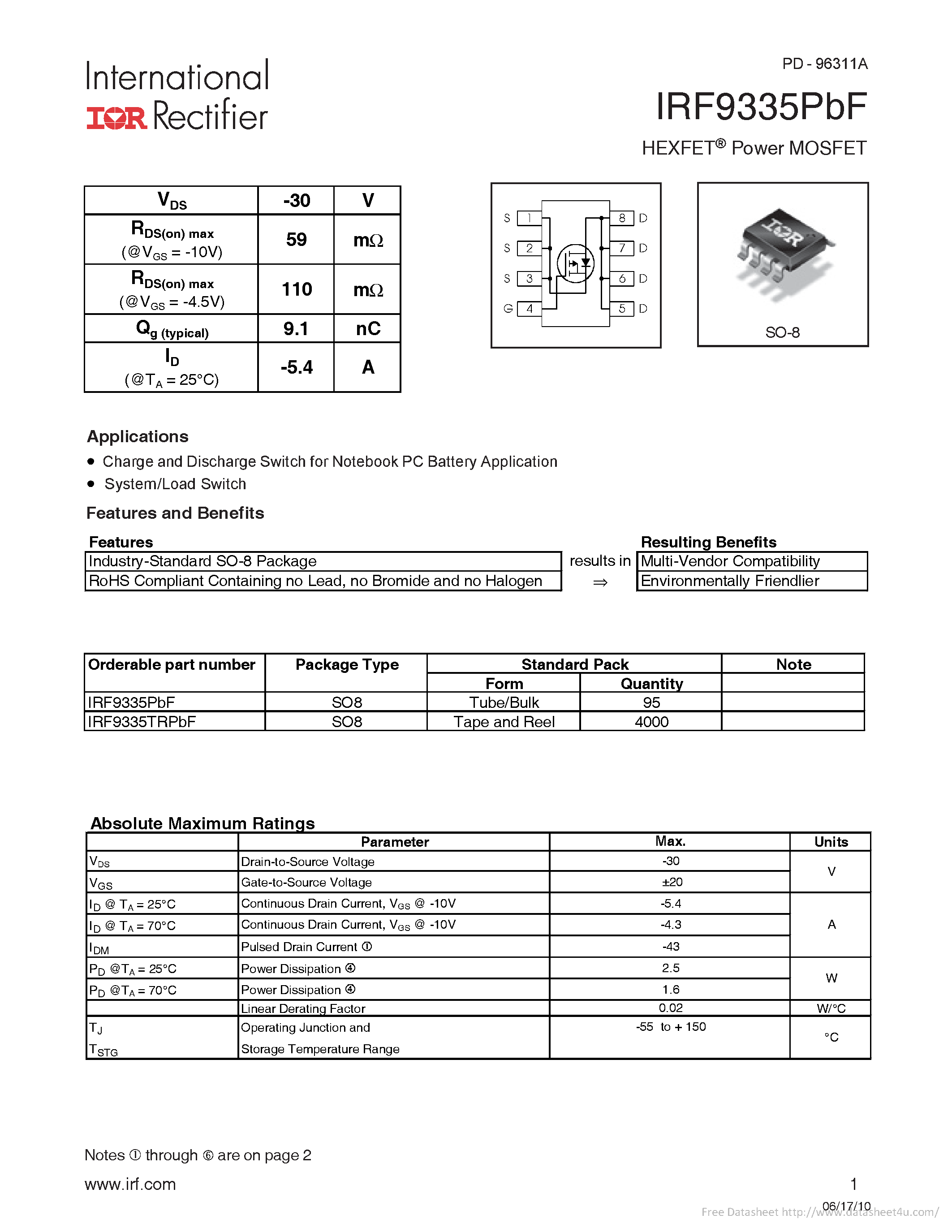 Даташит IRF9335PBF - страница 1