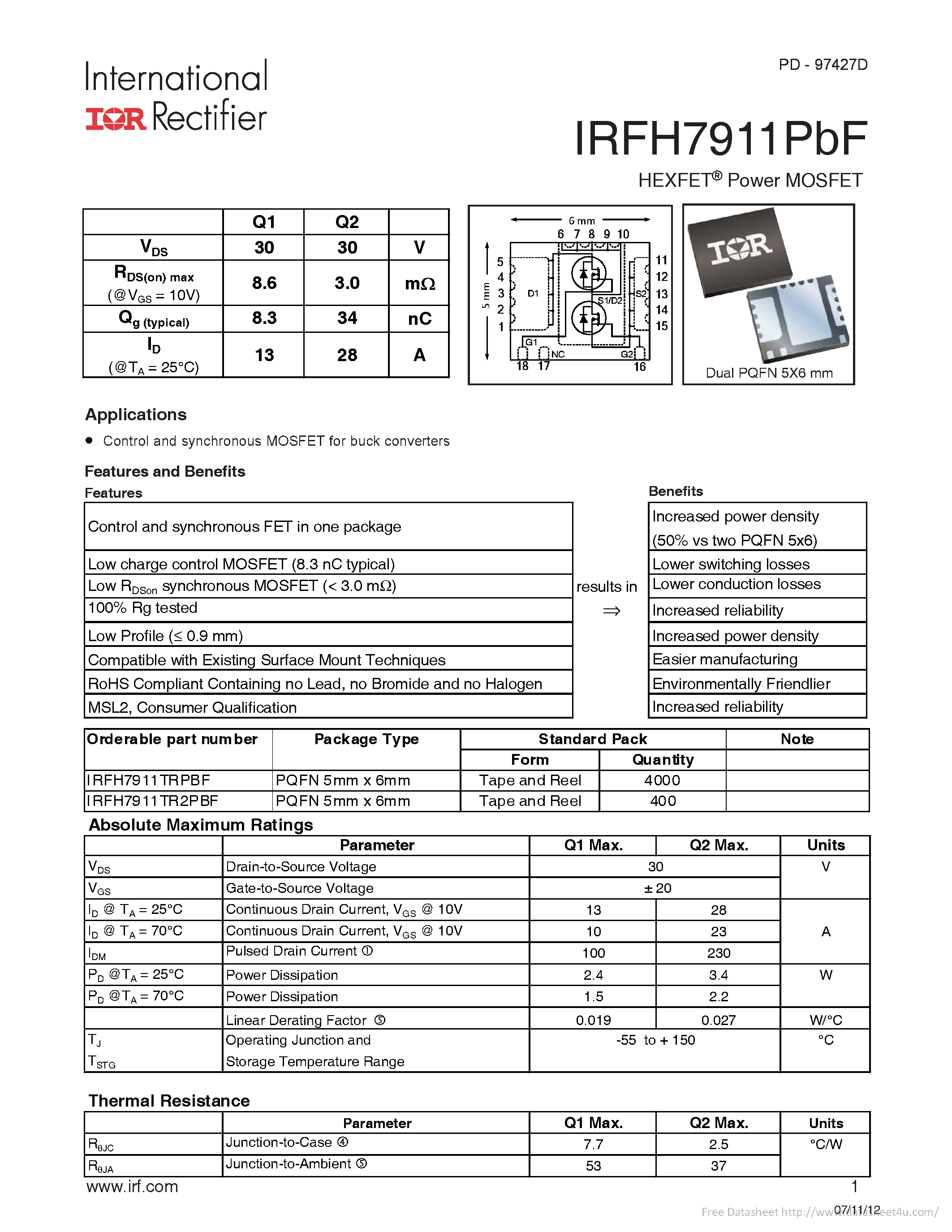 Datasheet IRFH7911PBF - page 1