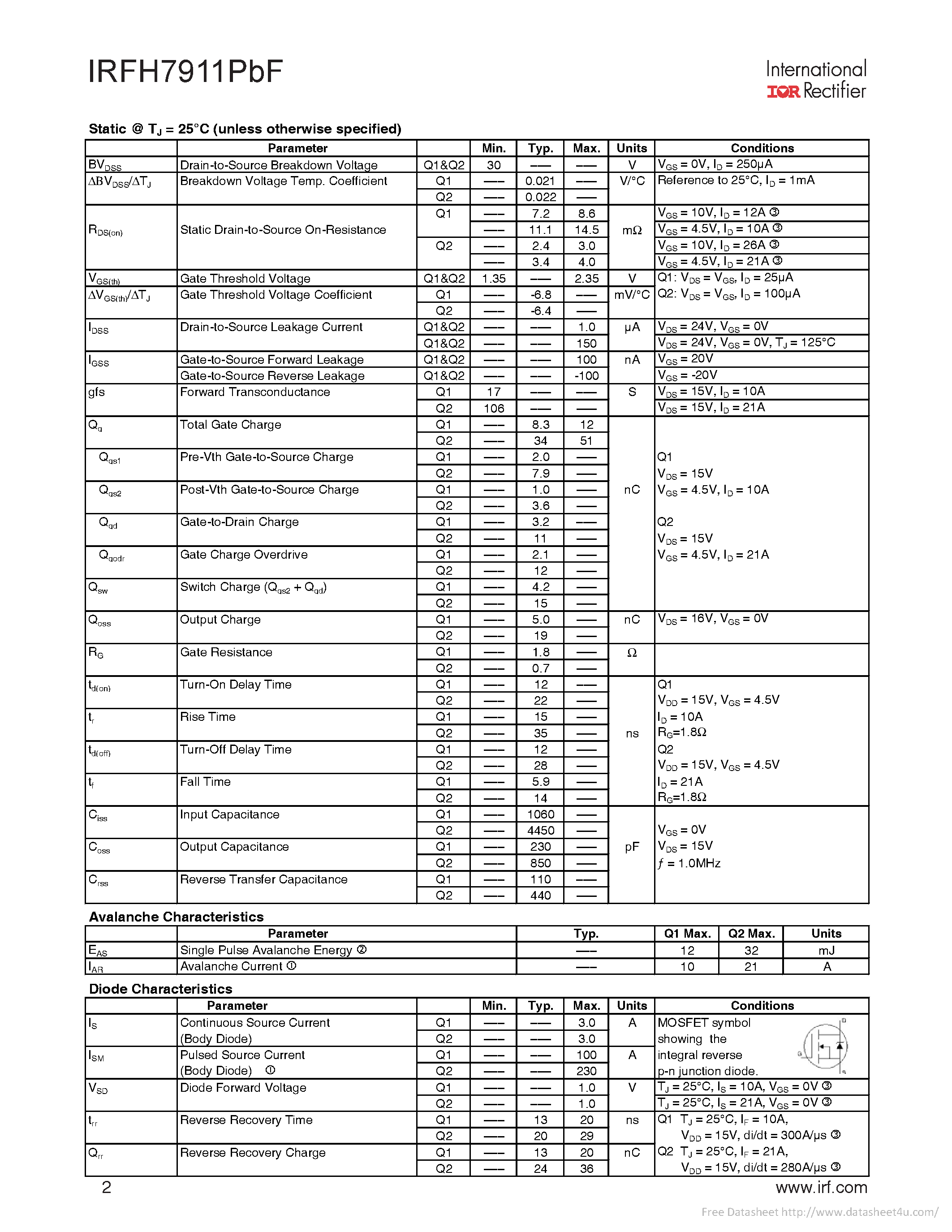 Datasheet IRFH7911PBF - page 2