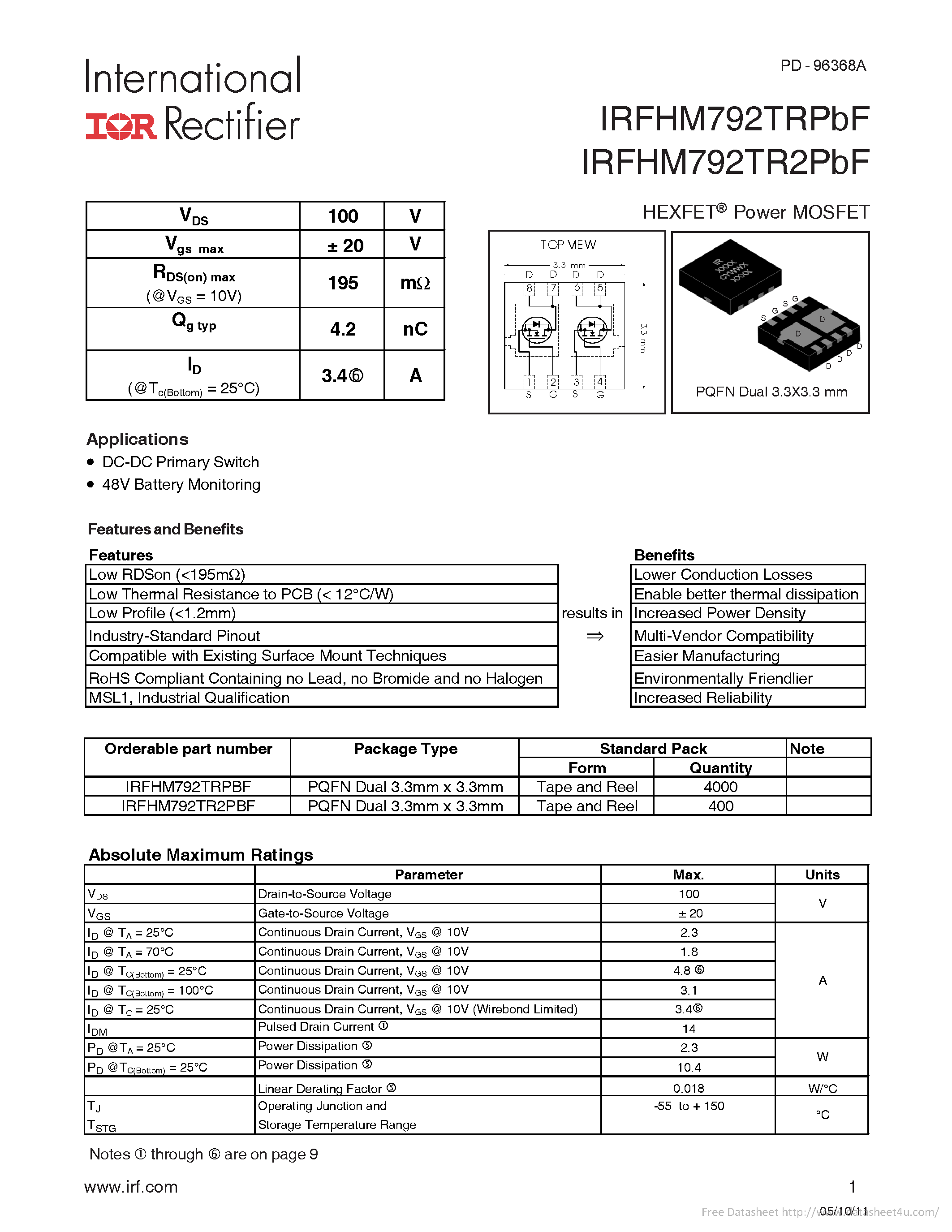 Datasheet IRFHM792TRPBF - page 1