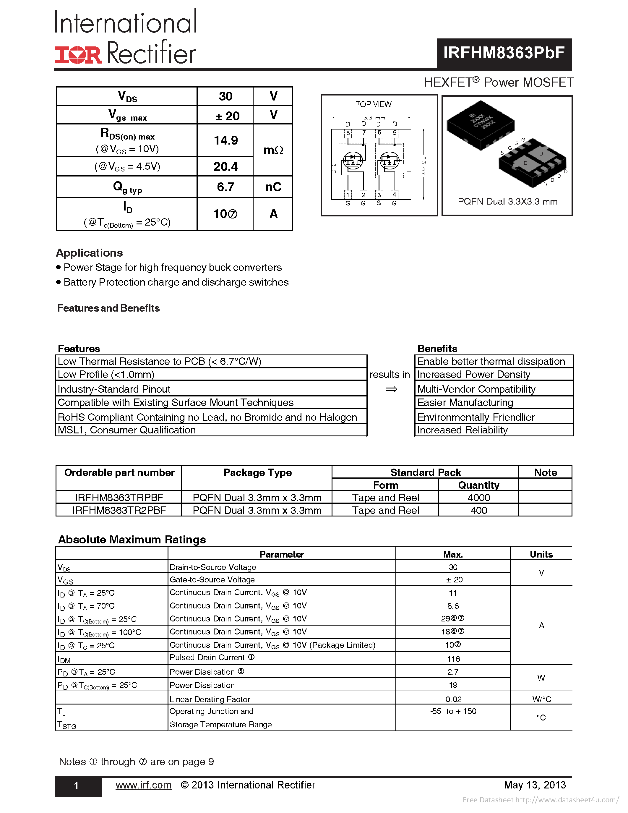 Datasheet IRFHM8363PBF - page 1