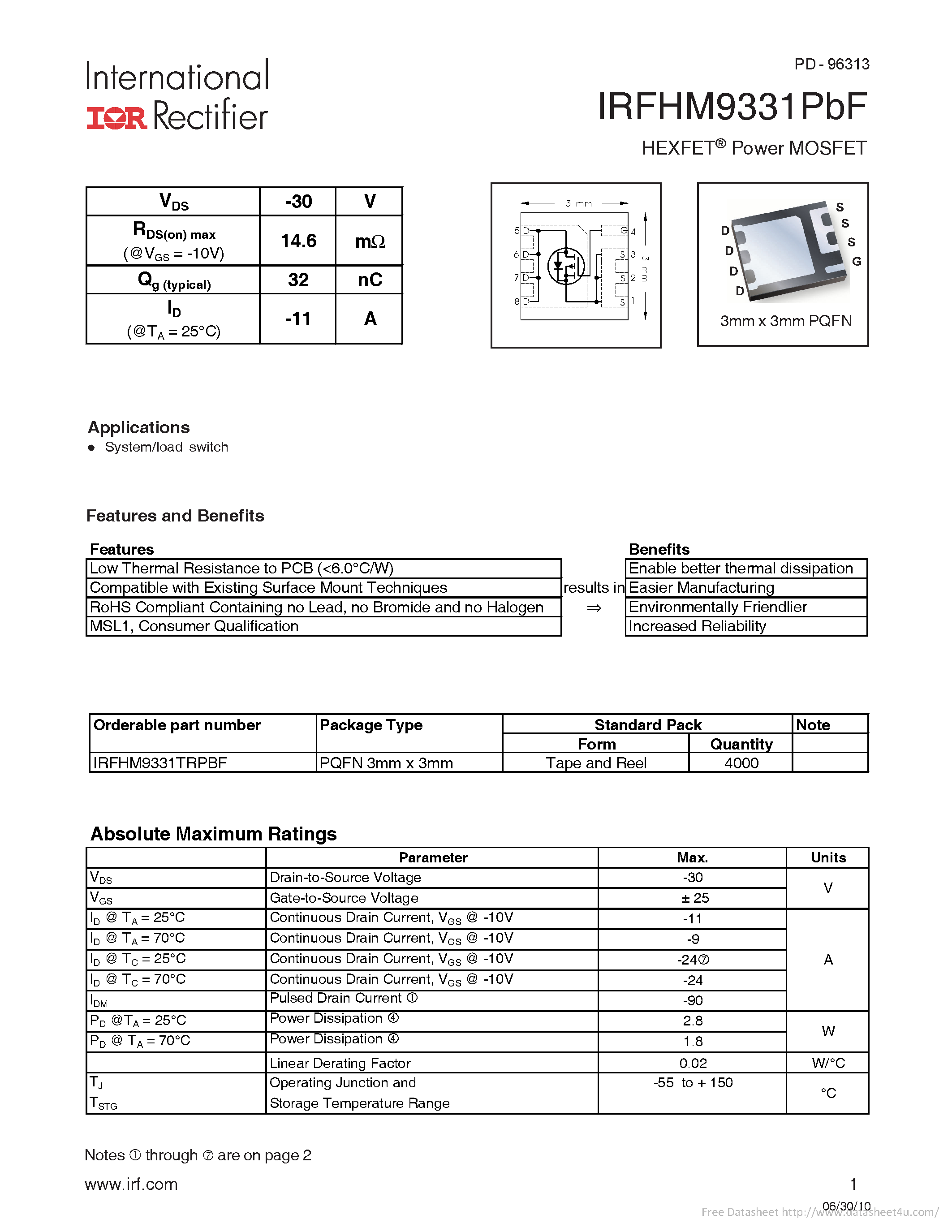 Datasheet IRFHM9331PBF - page 1