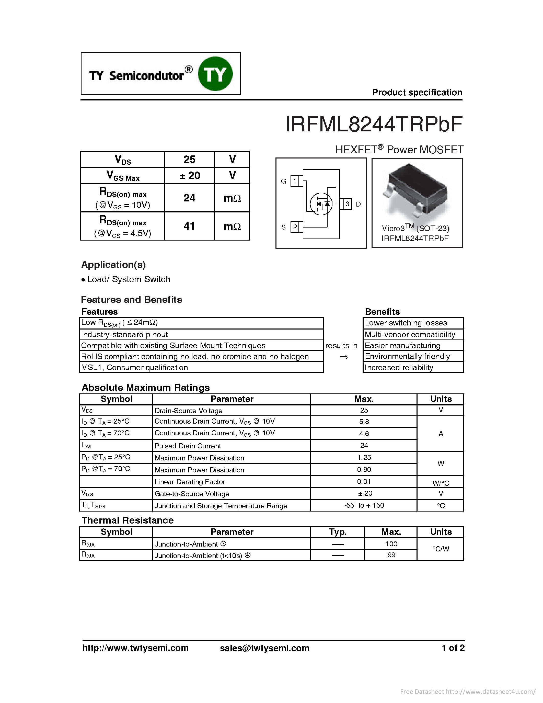 Datasheet IRFML8244TRPBF - page 1