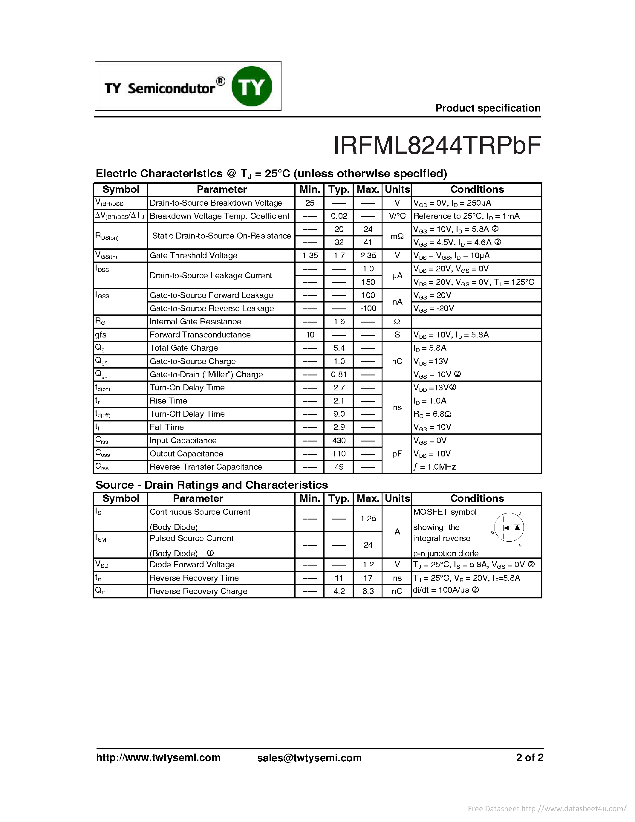 Datasheet IRFML8244TRPBF - page 2