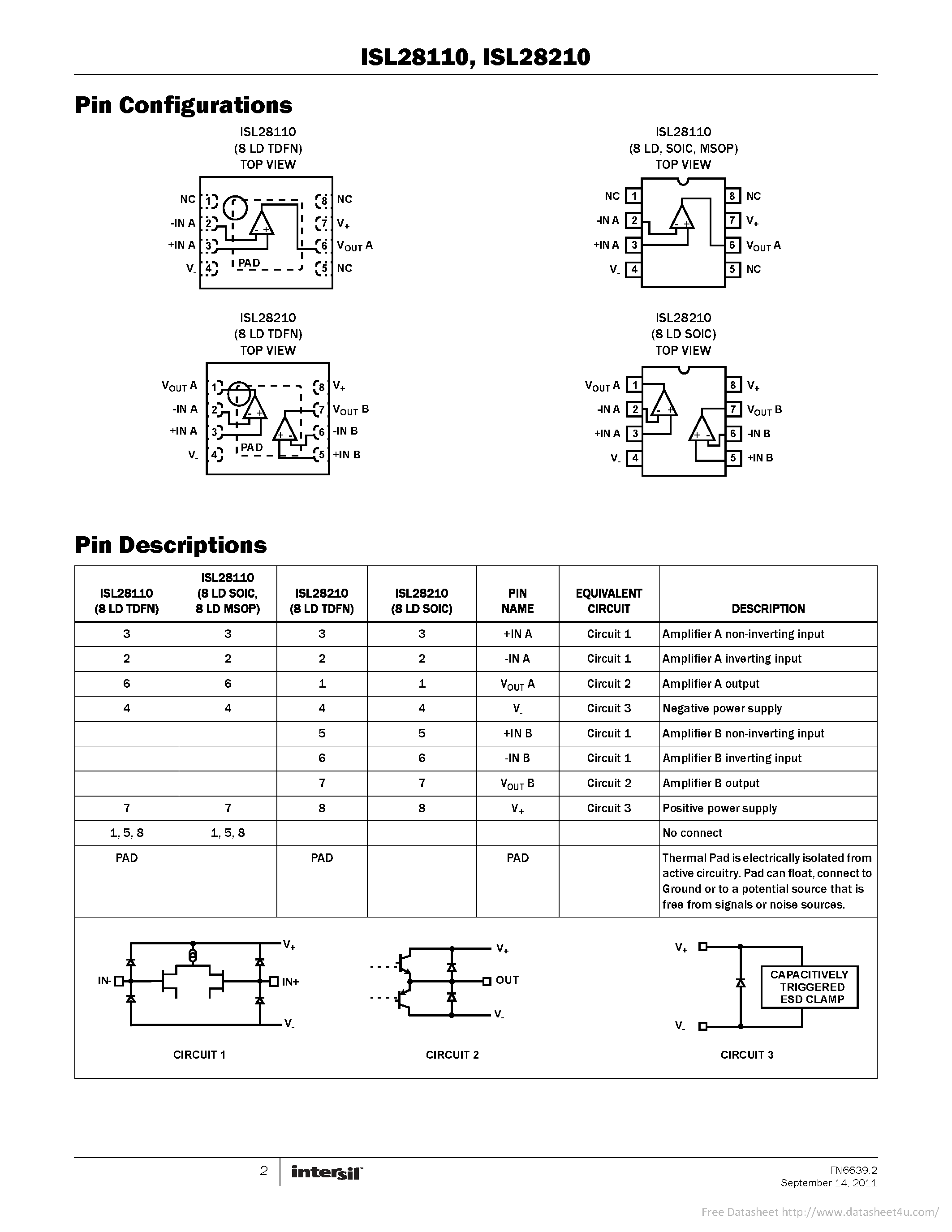 Datasheet ISL28110 - page 2