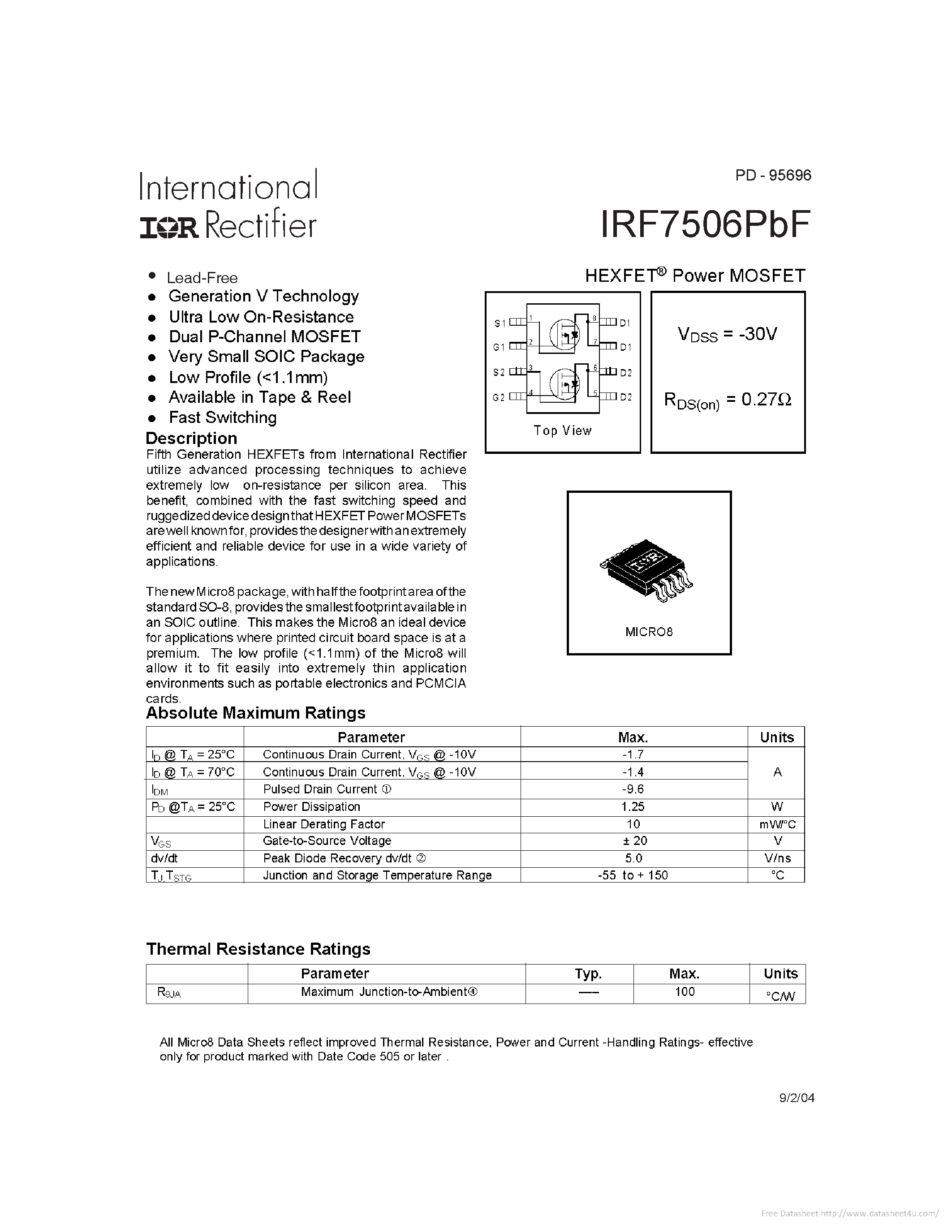 Даташит IRF7406PBF - страница 1