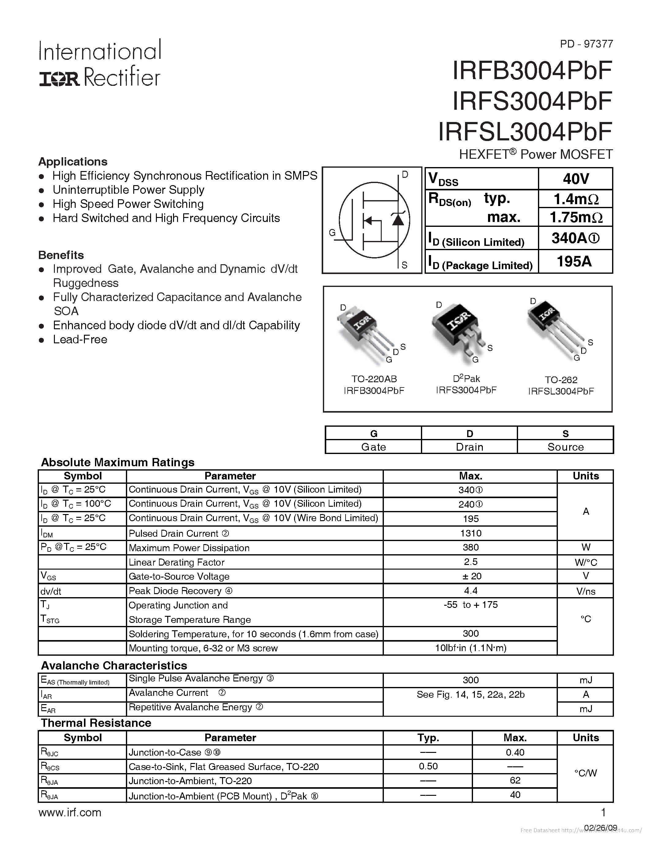 Datasheet IRFB3004PBF - page 1