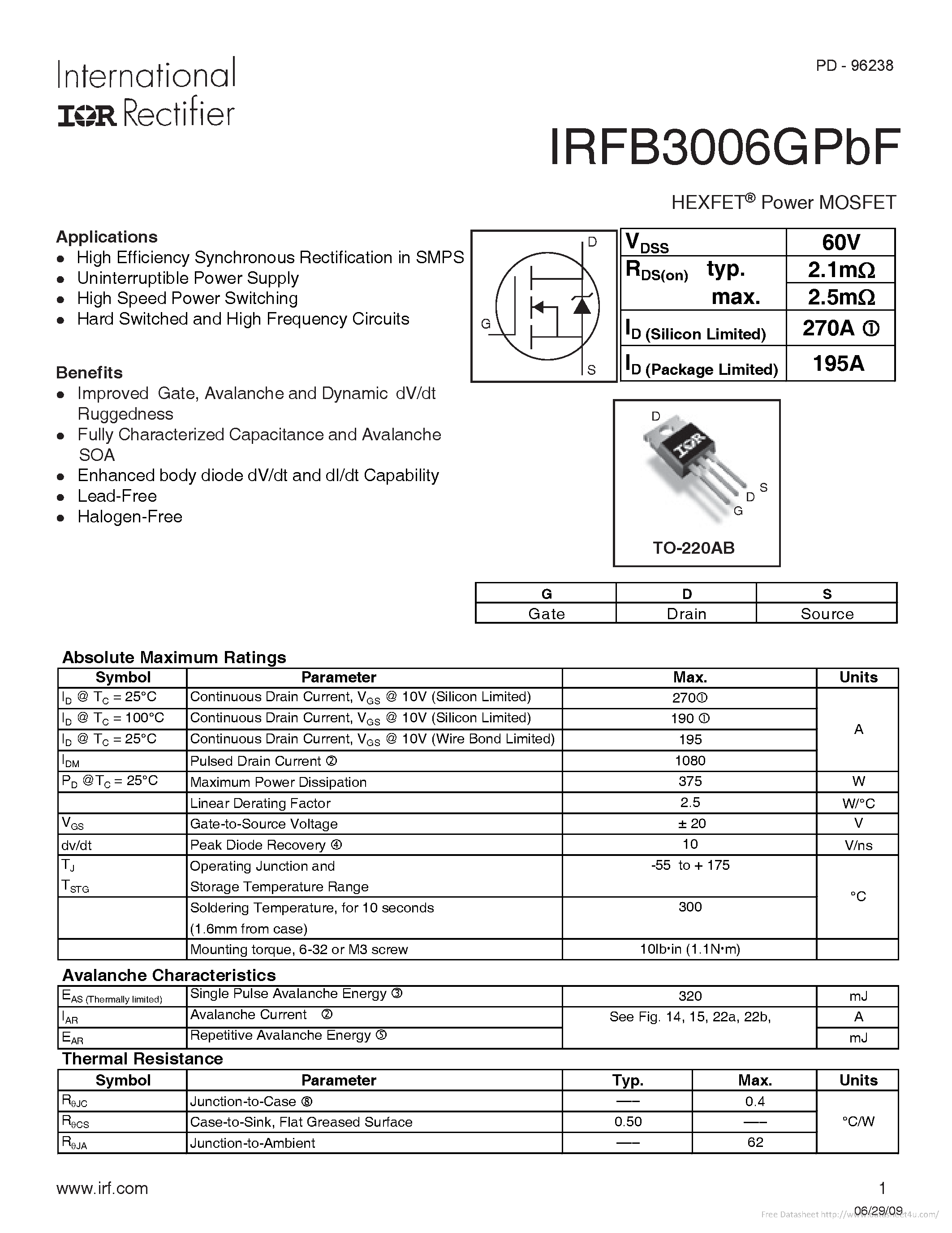 Даташит IRFB3006GPBF - страница 1